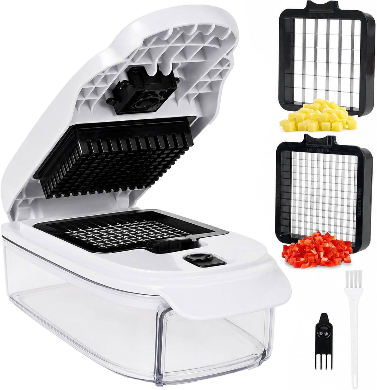 2-in-1 Vegetable Dicer, Onion Chopper, 1.5L Container, White Black | Two dicing sizes for everyday onionsand salad prep