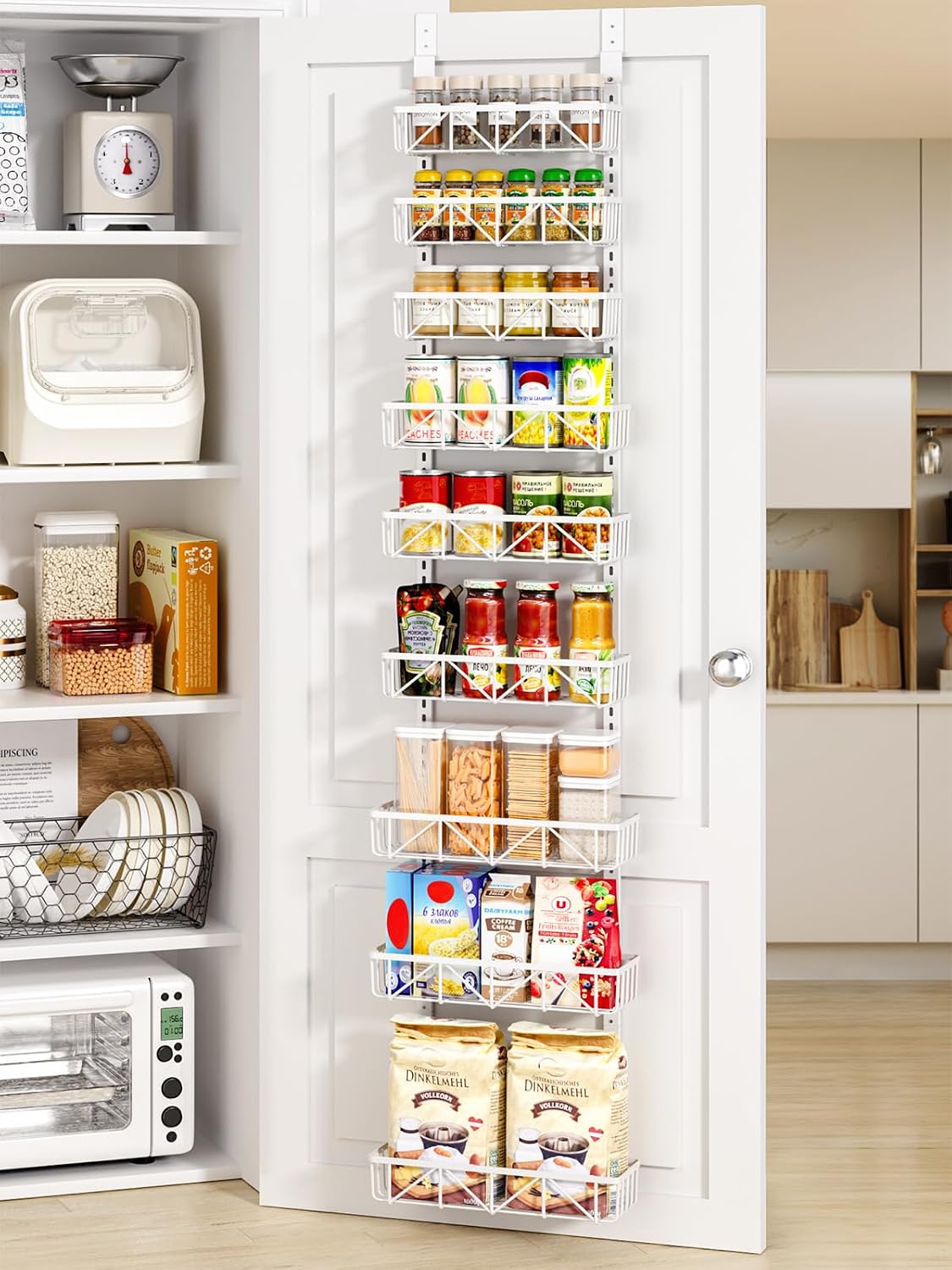 Delamu Narrow 9-Tier Over the Door Pantry Organizer, Adjustable Pantry Storage, Metal Hanging Spice Rack, Cabinet Door Organizer for Kitchen, Bathroom, Laundry Room, 12.5″ White