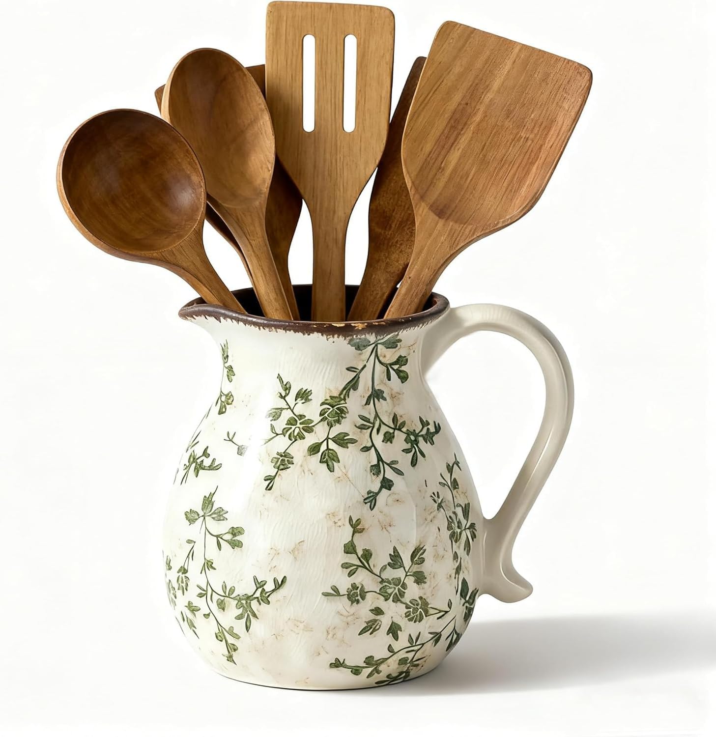 Rustic Ceramic Utensil Holder, 6.1″Modern Farmhouse Cooking Utensil Holder for Kitchen Counter with Handle, Kitchen Utensil Organizer Crock for Countertop Home Decor, Vintage Spoon Tray (green rattan)