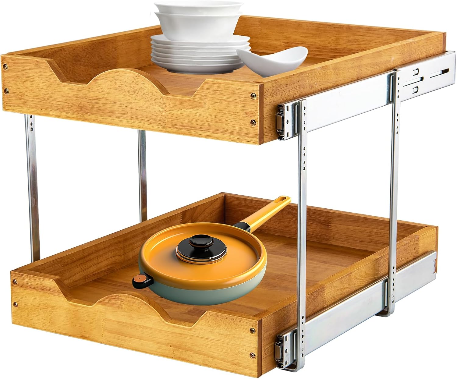 DINDON 2 Tier Pull Out Cabinet Organizer (14″ W x 18″ D) Slide Out Wood Drawer, Two Tier Sliding Shelf Organization and Storage…