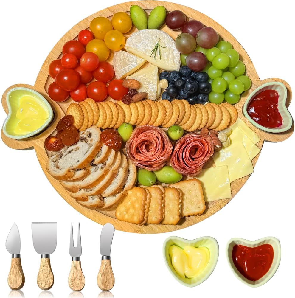 Charcuterie Boards,Cute Bamboo Cheese Board,House Warming Gifts New Home,Wedding Bridal Shower Gift,Valentine Birthday Mother’s Day for Women Mom,Round Meat Fruit Serving Tray Platter