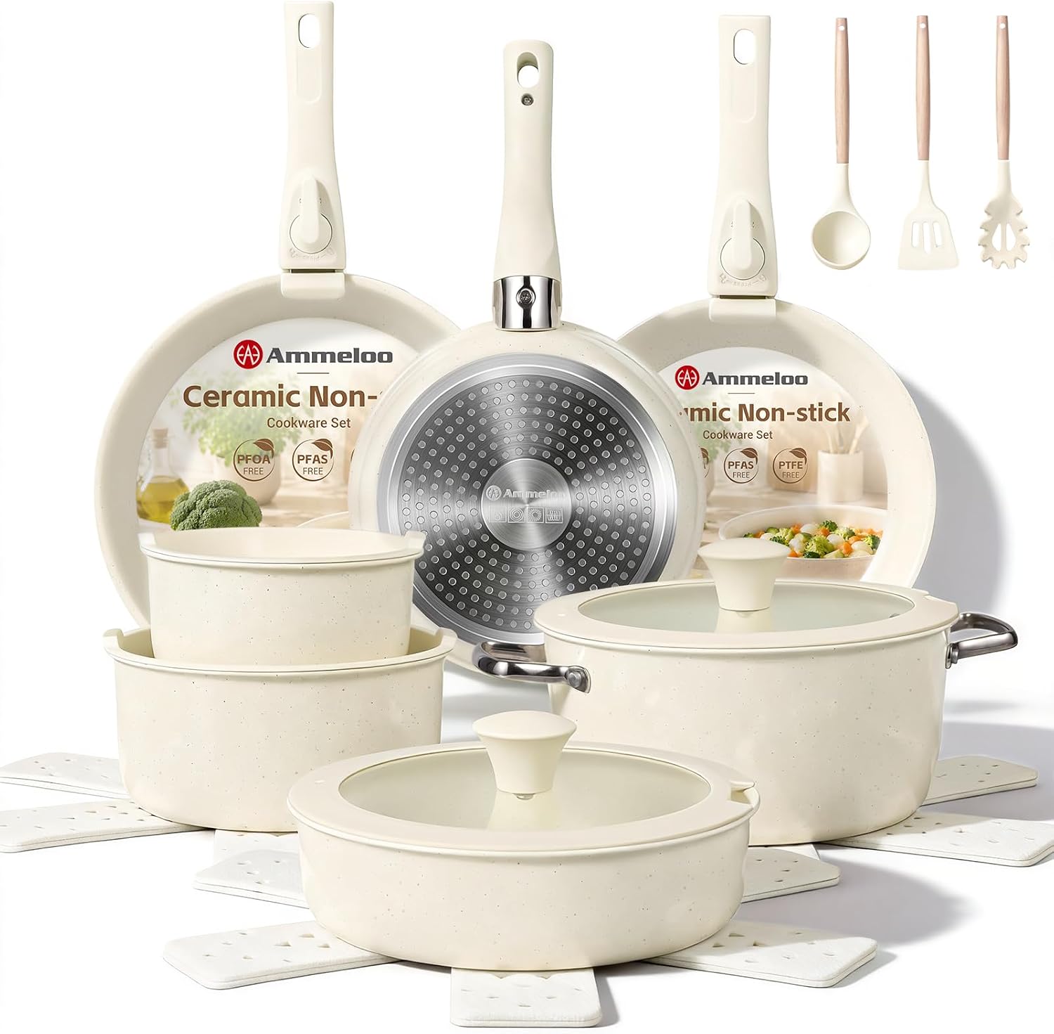 Ammeloo 24-Piece Pots and Pans Set Non Stick, Ceramic Cookware Set with Removable Handles, Space Saving Kitchen Set, Induction & Oven & Dishwasher Safe, For Small Kitchen, Apartment, RV, Cream White