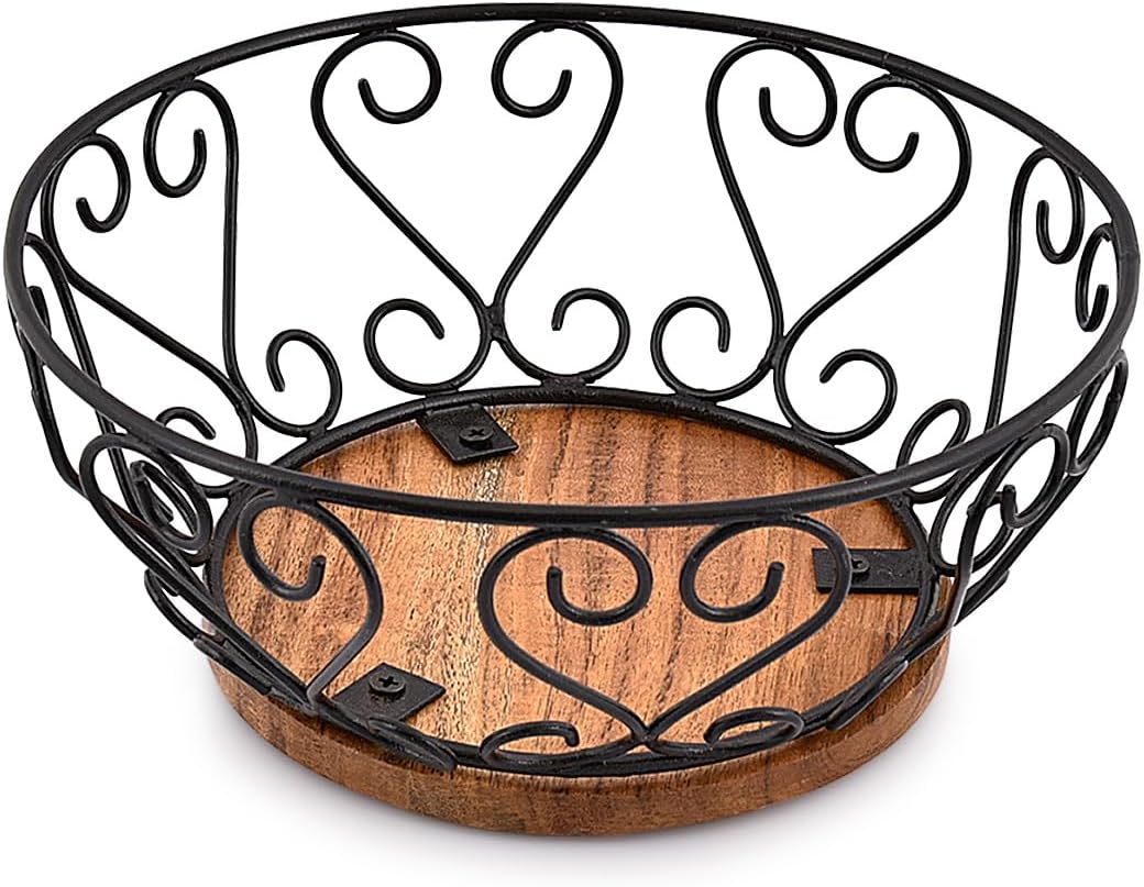 EDHAS Iron Fruit Bowl With Wooden Base for Kitchen Countertop & Dining Room and Pantries (9″ x 9″ x 4″)