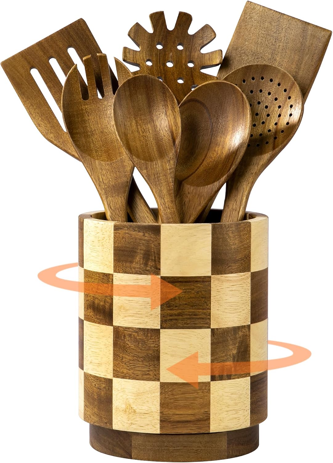 Wooden Utensil Holder, 360° Rotating Acacia Wood Kitchen Utensil Holder for Countertop, 7.2″ Non-Slip Large Utensil Holder for Kitchen, Farmhouse Countertop Decor, Spatula Holders, Checkered