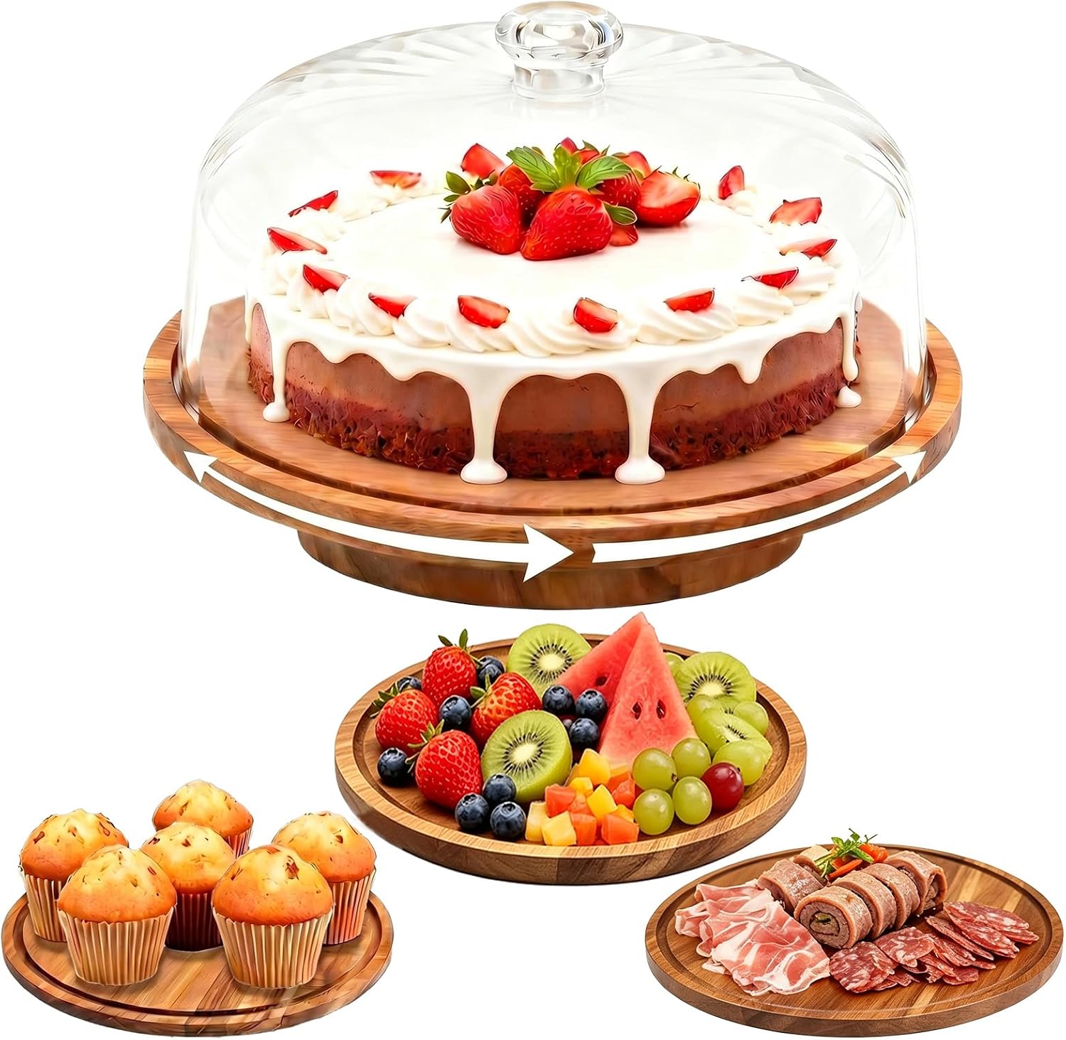 cutesun Cake Stand with Lid, 10.8” Shatterproof Acrylic Dome (Not Glass), 11.8” Rotating Acacia Wood Cake Display Stand for Wedding Birthday Party Dessert