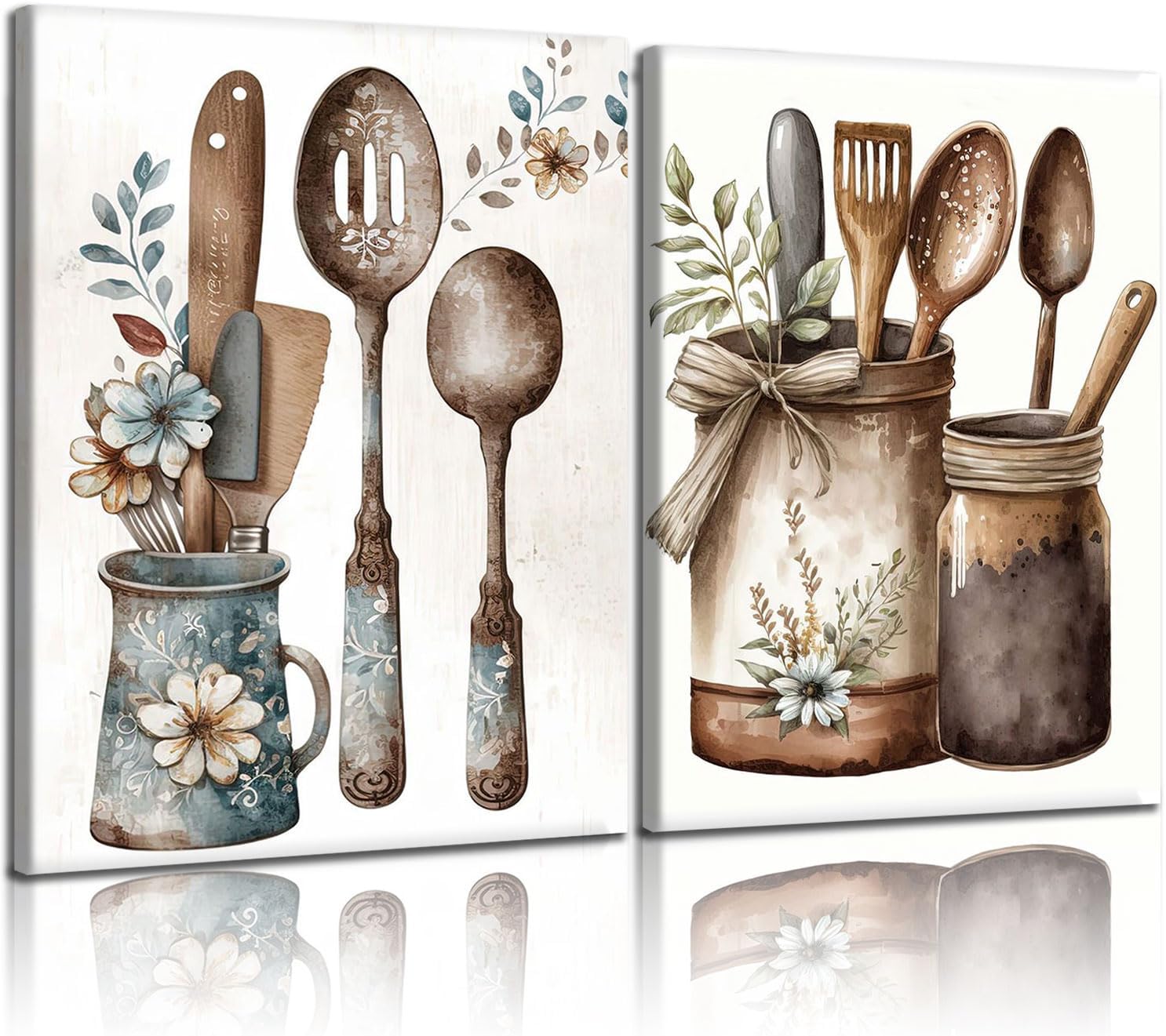 Doqueodas 2 pcs Vintage Country Style Canvas Wall Art Kitchen Utensils Still Life Painting Images Rustic Farmhouse Style Tableware Jars Poster Artwork Kitchen/Dining Room Wall Decoration 12×16 inch