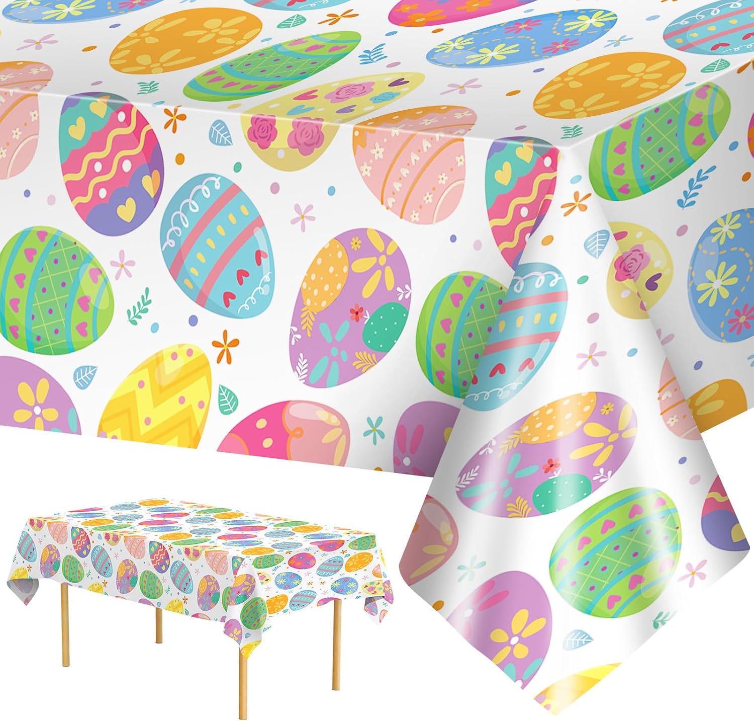 3 Pack Easter Tablecloth – Watercolor Easter Eggs Plastic Table Cloths, Disposable Rectangle Spring Flowers Table Cover for Indoor or Outdoor Tables Decor Party Decorations Supplies, 54″ x 108″