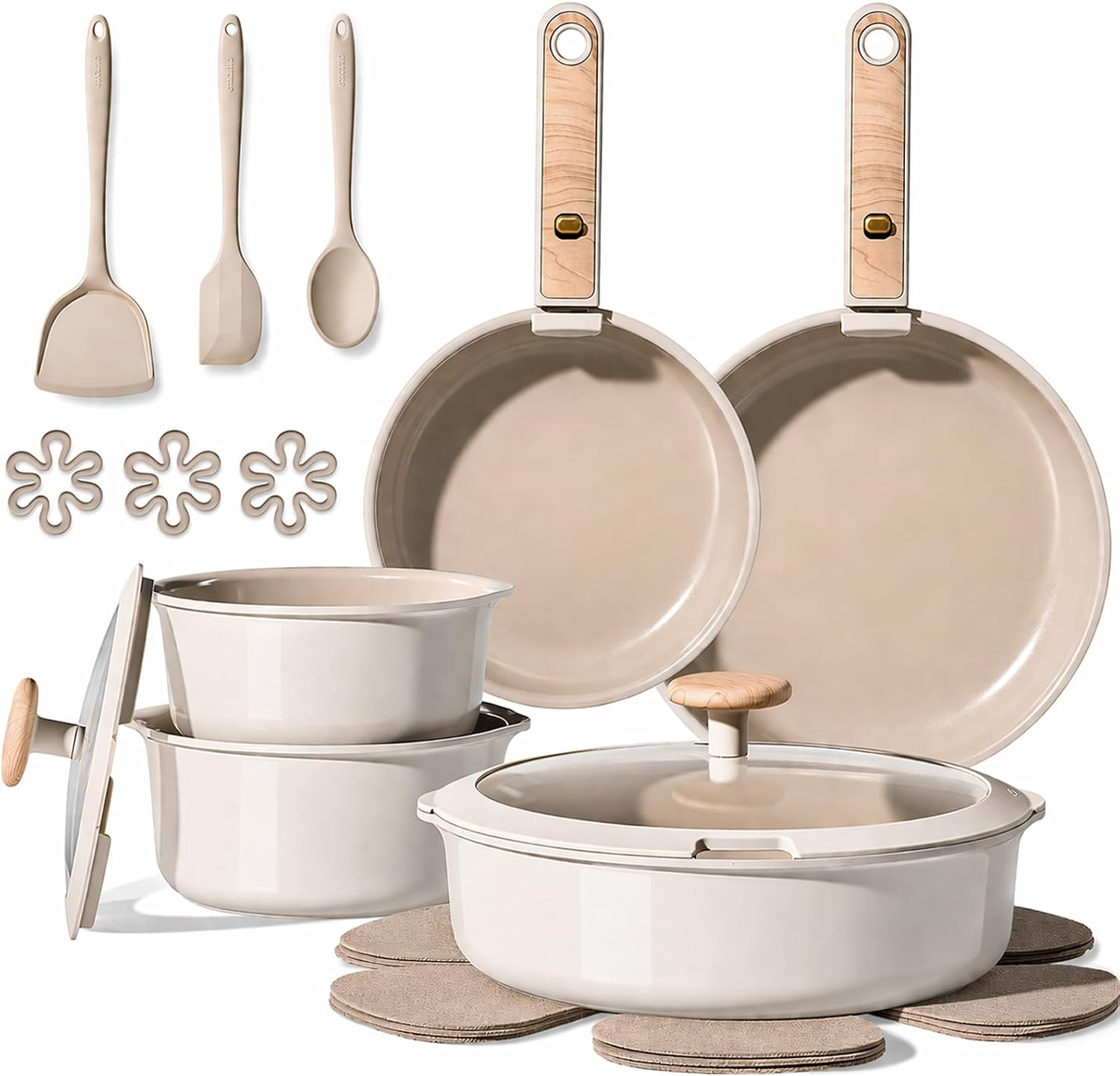 CAROTE Ceramic Pots and Pans Set, Cookware Set Detachable Handle, 19 Pcs Induction Kitchen Cookware Sets Non Stick with Removable Handle, RV Cookware Set, Oven Safe, Elegant White, Mothers Day Gifts