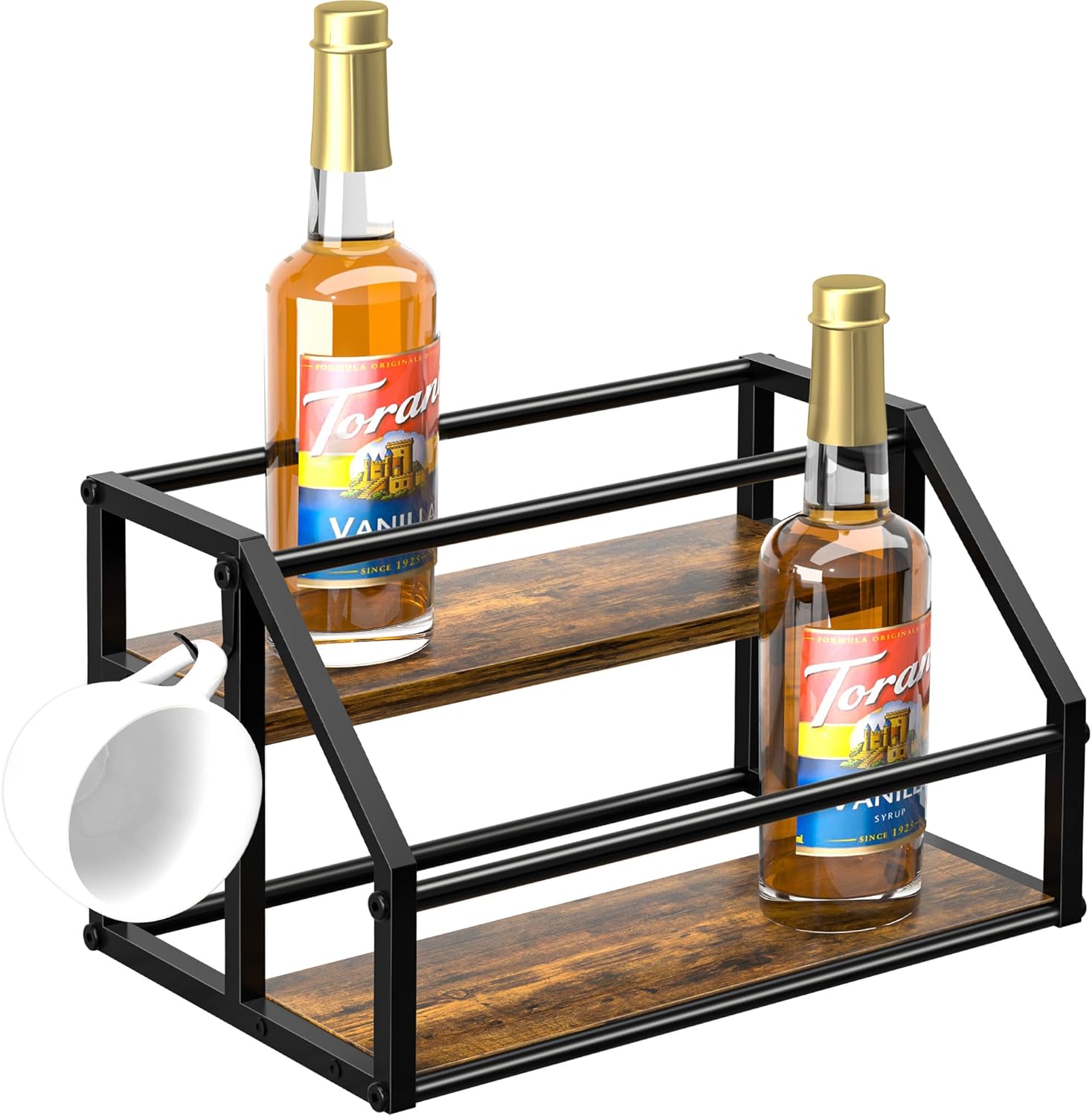 Coffee Syrup Rack Organizer, Syrup Bottle Holder Stand for Coffee Bar, 2-Tier 8 Bottles Storage Shelves for Syrup, Wine, Dressing for Kitchen Countertop, Rustic Brown & Black