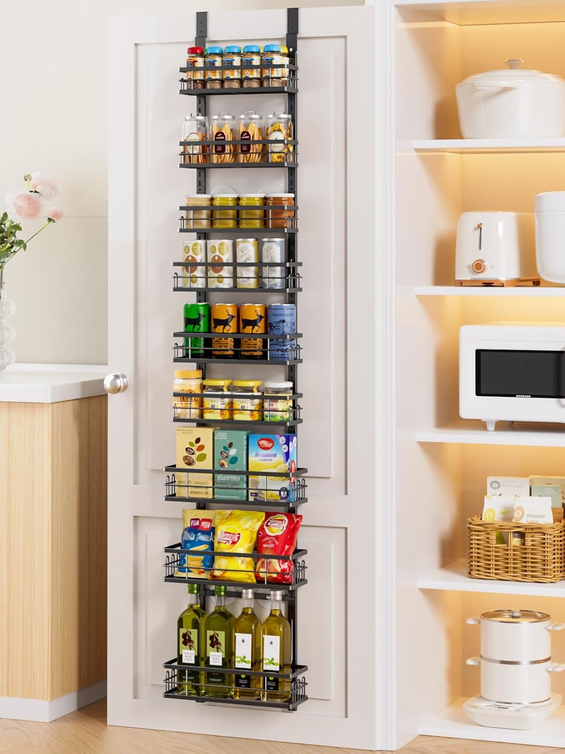 Delamu 9-Tier Over the Door Pantry Organizer, Adjustable Pantry Door Organizers and Storage, Metal Hanging Basket Wall Spice Rack Seasoning Organizer, Door Organizer Kitchen Bedroom Bathroom,12″Black