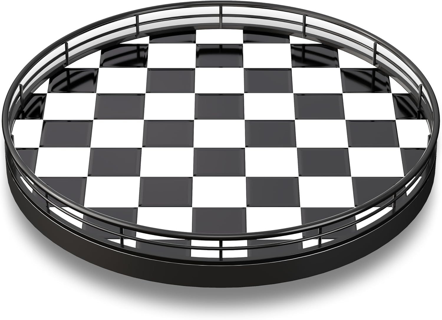 10.2-Inch Black & White Checkerboard Lazy Susan Organizer – Rotating Serving Tray with Oak Base, Iron Frame, & Ceramic Tile –Perfect for Dining Table, Kitchen Cabinet, Bathroom Countertop, Home Décor