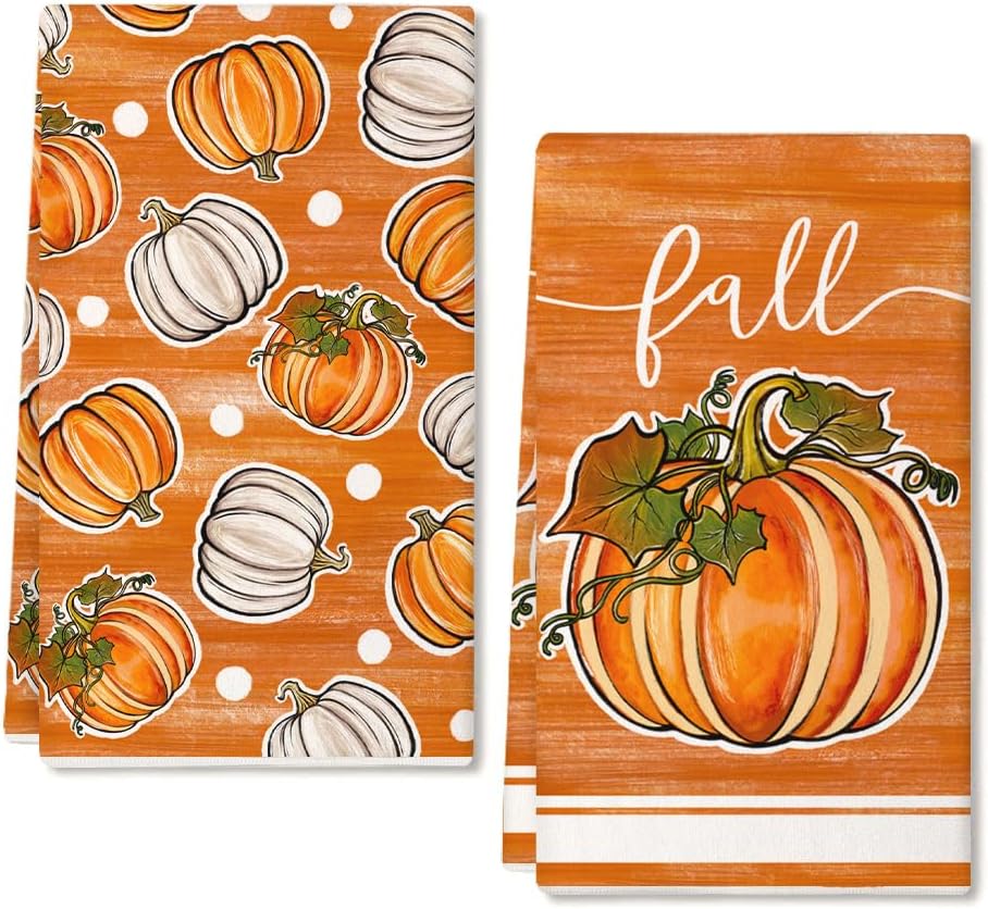 ARKENY Orange Pumpkin Fall Kitchen Towels Set of 2,Leaves Autumn Dish Towels 18×26 Inch Drying Dishcloth,Thanksgiving Farmhouse Home Decorations AD389