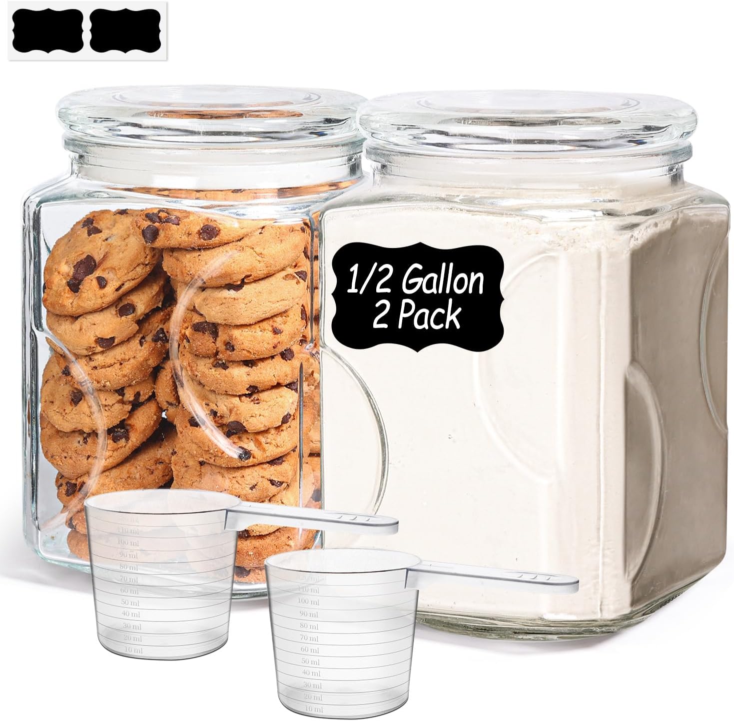 ComSaf 2 qt Glass Flour and Sugar Storage Containers Set of 2, Wide Mouth Half Gallon Square Airtight Pantry Jars with Lids, Thick Glass Kitchen Canisters for Cookies, Coffee, Snacks