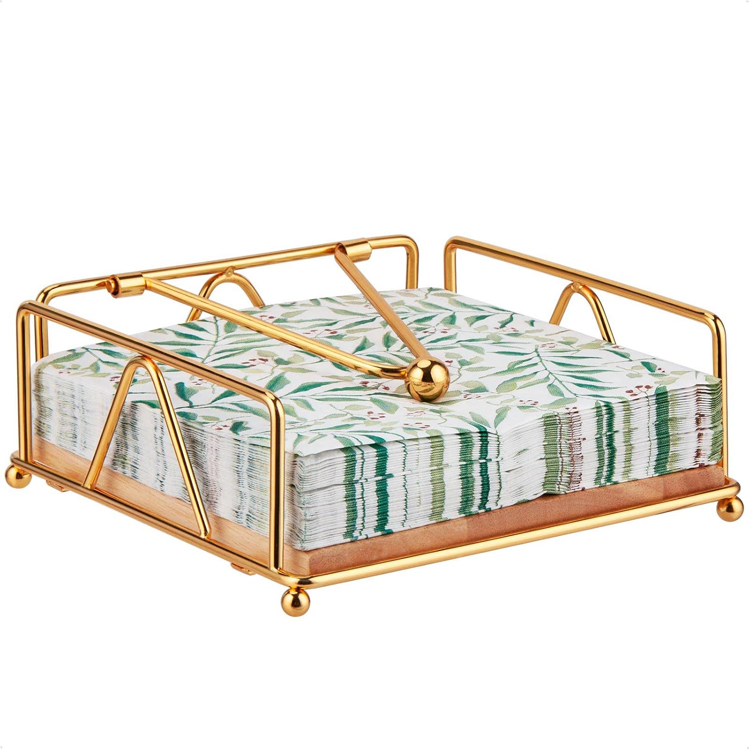 Flat Napkin Holder with Wooden Base 7 x 7 inches (Gold) | Cast Iron, Weighted, Modern Style, Raised-Feet Design, Sturdy, Square, Cocktail, For Kitchen Dining Table Outdoor Use