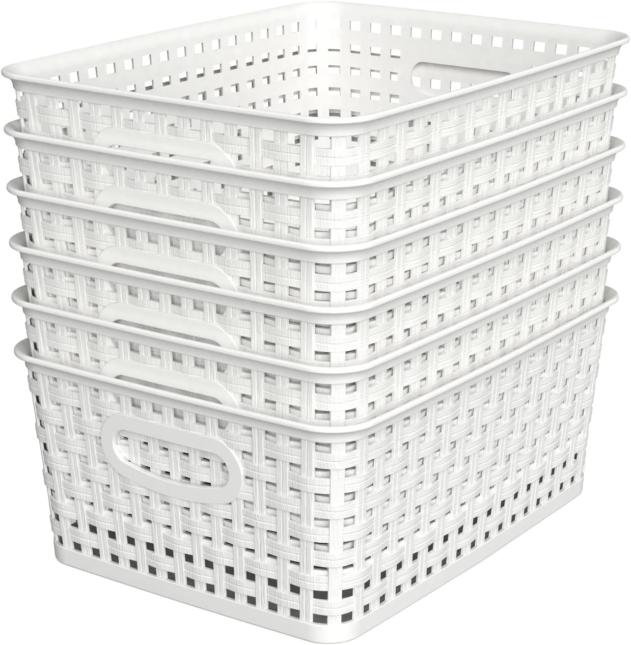 WYT Woven Plastic Storage Baskets, 6 Pack White Weave Bins Organizer, 10.1″ x 7.55″ x 4.1″