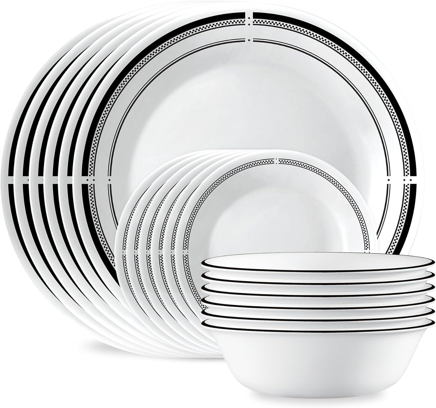 Corelle 18-Piece Round Dinnerware Set Service for 6, Lightweight Round Plates and Bowls Set, Vitrelle Triple Layer Glass, Chip and Scratch Resistant, Microwave and Dishwasher Safe, Brasserie
