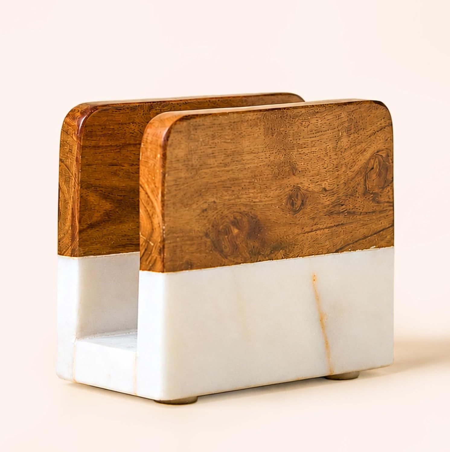 5.5” Marble Napkin Holder for Dining Table & Kitchen Counter | Modern, Upright, Acacia Wood & Marble Napkin Dispenser & Stand | Cocktail, Party, Countertop Use | Handmade in India