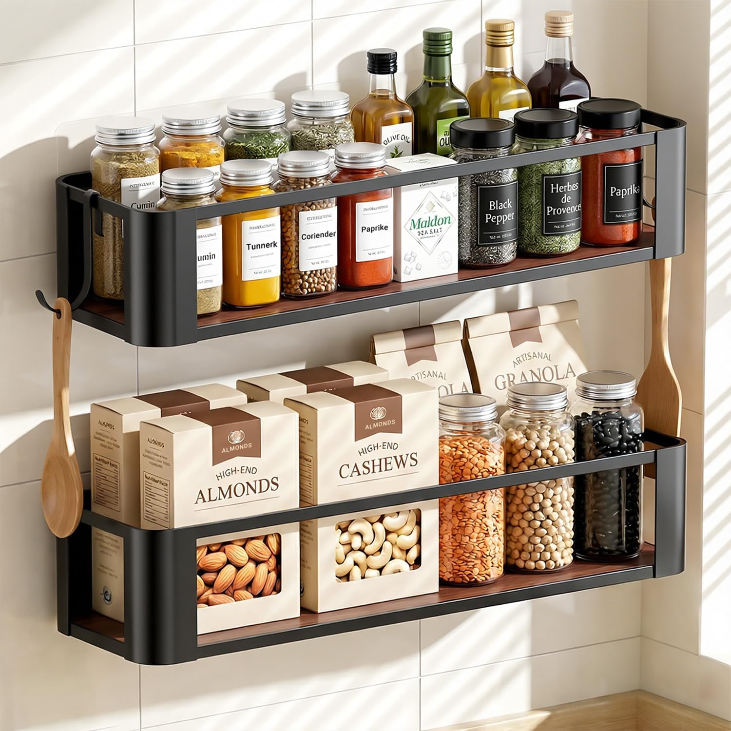 Wall Mounted Spice Rack, Black, 2 Pack | 2 Hooks Included, Screw or Adhesive Installation, For Stove Cabinet Pantry Door, Kitchen and RV Use