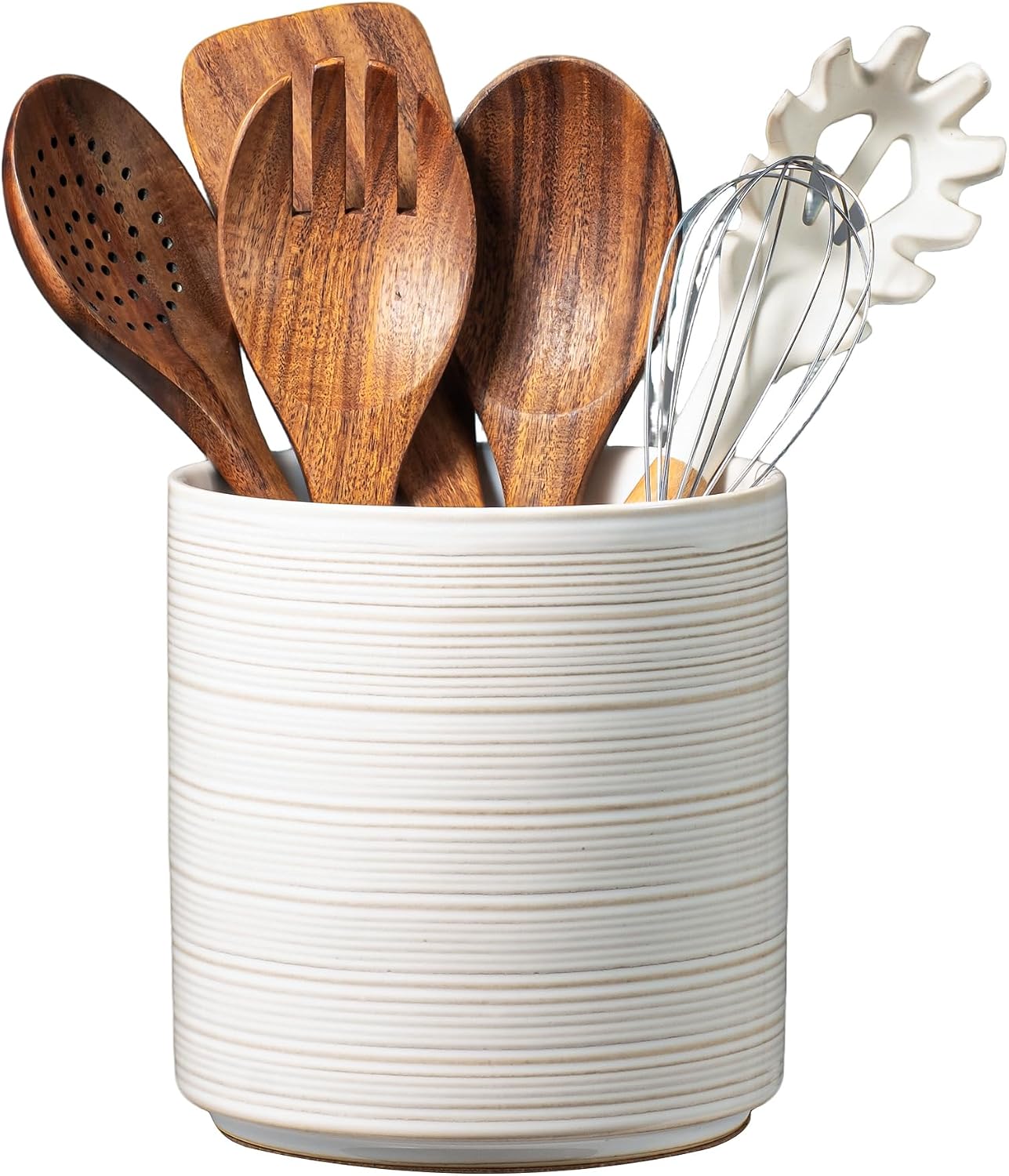 Large Utensil Holder for Kitchen Counter, 7.3” Ceramic Cooking Utensil Crocks for Spatula & Spoon, Farmhouse Kitchen Utensil Holder with Cork, Home Decor, Off-White