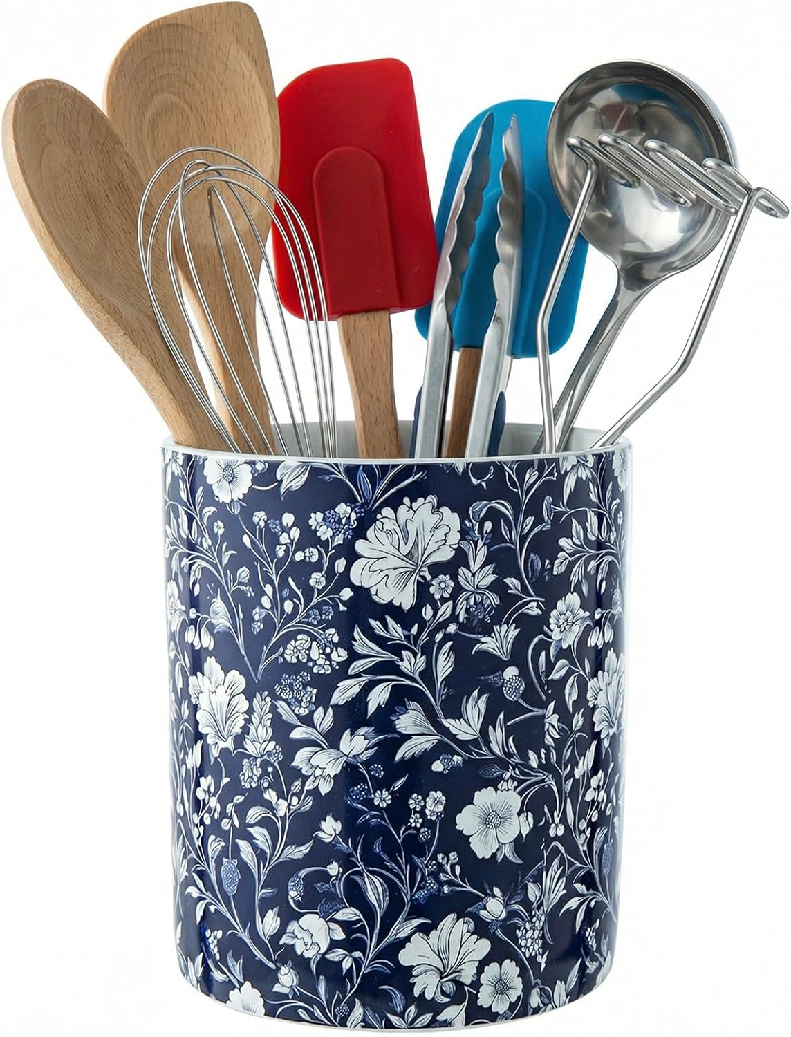 MyGift Ceramic Kitchen Utensil Holder with Blue and White Floral Design – Decorative Crock for Cooking Utensils, Flatware, and Countertop Storage