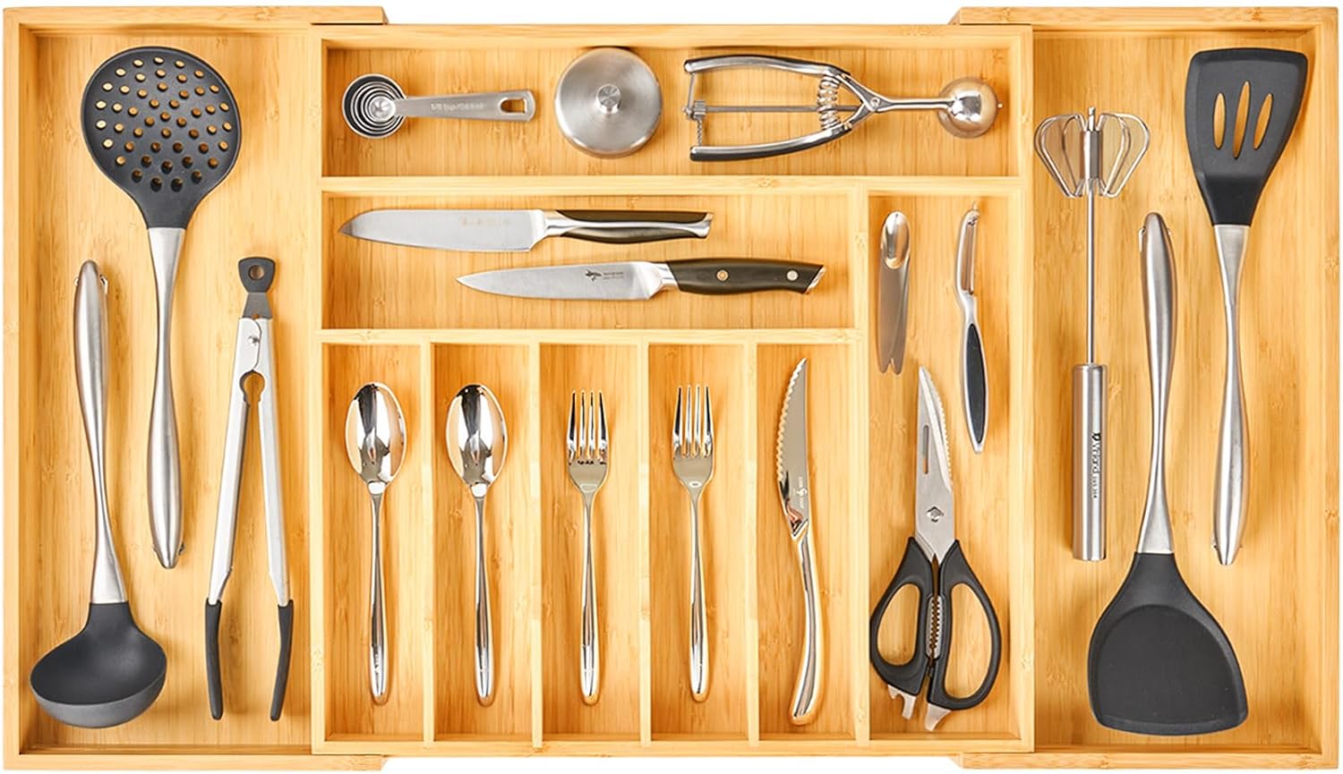 Umilife Extra Large Expandable Kitchen Siverware Utensils Drawer Organizer, 19″ Deep for Big Drawer, Adjustable Bamboo Wood Drawer Divider with Curved Grooves, Cutlery Tray Flatware Holder