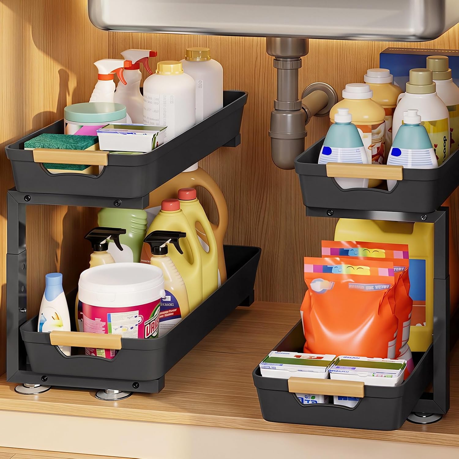 Homde Sliding Under Sink Organizer: 2 Pack 2-Tier Cabinet Shelf with Upper & Lower Pull-Out Baskets – C-Shaped 3 Adjustable Heights for Kitchen Bathroom