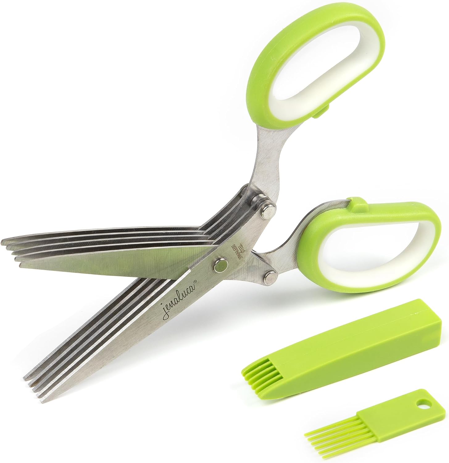Jenaluca 5-Blade Herb Scissors, Stainless Steel Kitchen Shears, Green | Cut & chop fresh herbs & leafy greens efficiently. Perfect salad scissors. Includes cleaning comb & safety cover.