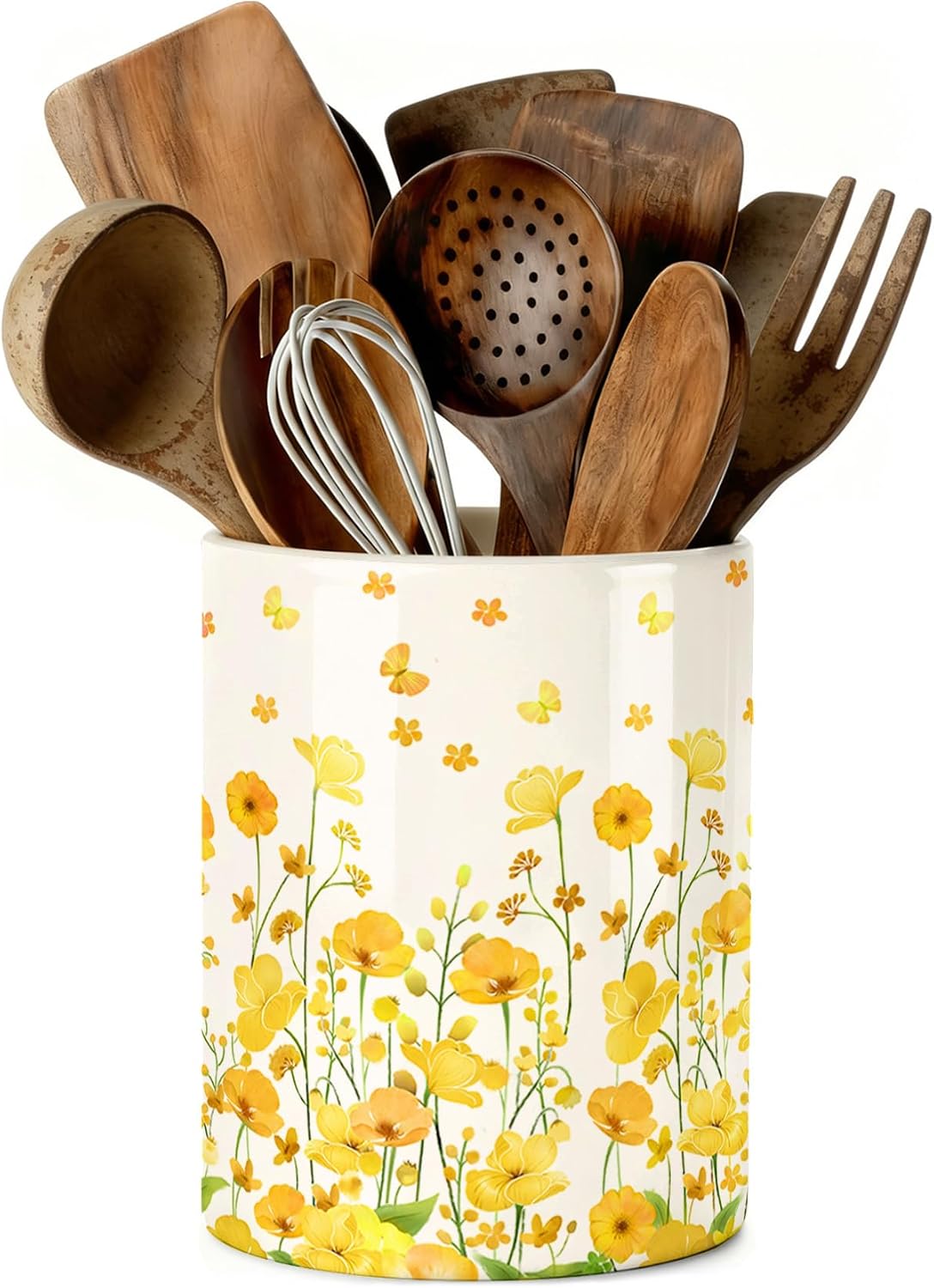 Yellow Flowers Utensil Holder, Ceramic Kitchen Utensil Holder, Utensil Crock for Home Kitchen Countertop Storage Organizer Container, Large Holder for Spatulas, Spoons, Kitchen Counter Decor, 6″