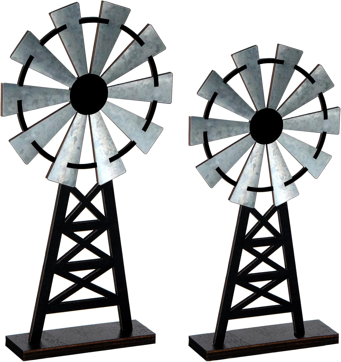 Yalikop Set of 2 Wooden Farmhouse Windmill Table Top Decor Wood Small Distressed Black Grey Rustic Windmill Themed Table Decor for Kitchen Garden Home