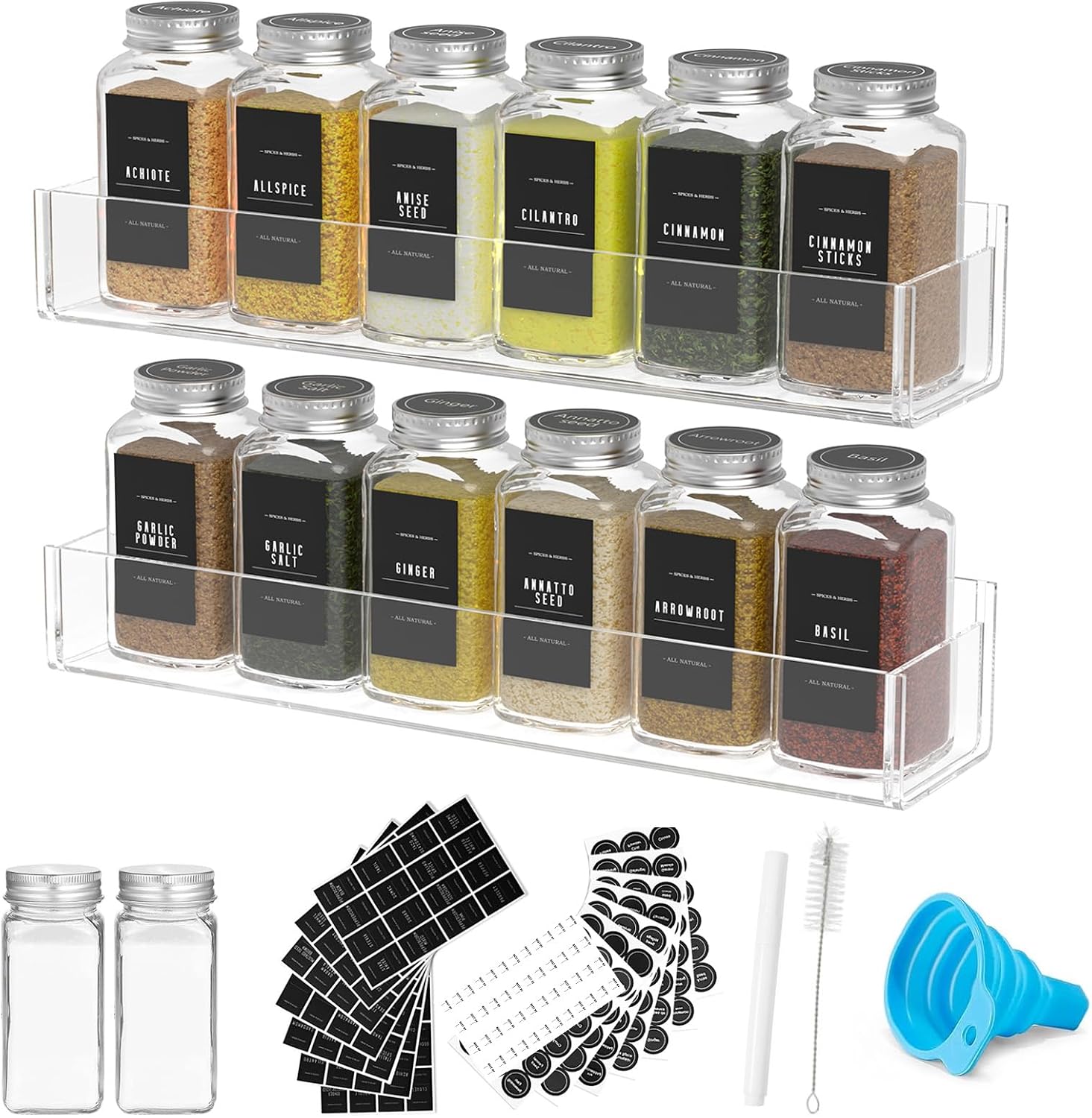 PMMASTO Adhesive Acrylic Spice Rack Organizer with 12 Empty Square Spice Jars, 238 Spice Labels with Chalk Marker and Funnel Complete Set for Kitchen Cabinet/Pantry Door (Clear – 2 Pack)