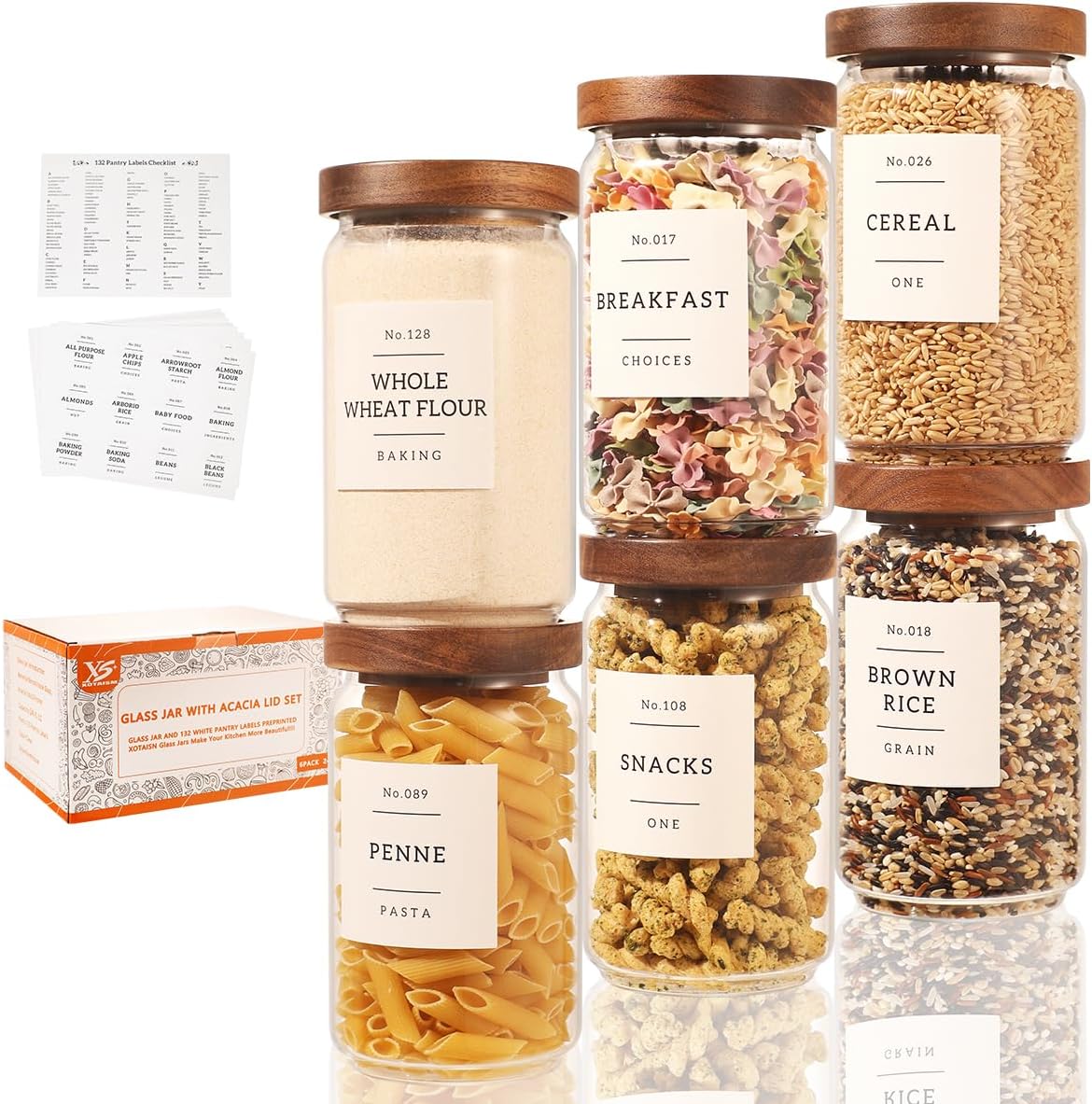 6 Pack Glass Canisters with Airtight Acacia Lids and 132 Kitchen Pantey Labels Preprint – 24 Fl Oz Borosilicate Glass Pantry Storage Jars Containers with Wooden Lids for Tea,Sugar,Cookie,Coffee,Candy