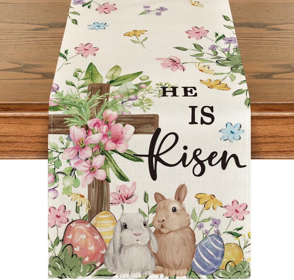 Artoid Mode Bunny Rabbits Eggs He is Risen Easter Table Runner, Seasonal Spring Kitchen Dining Table Decoration for Home Party Decor 13×72 Inch