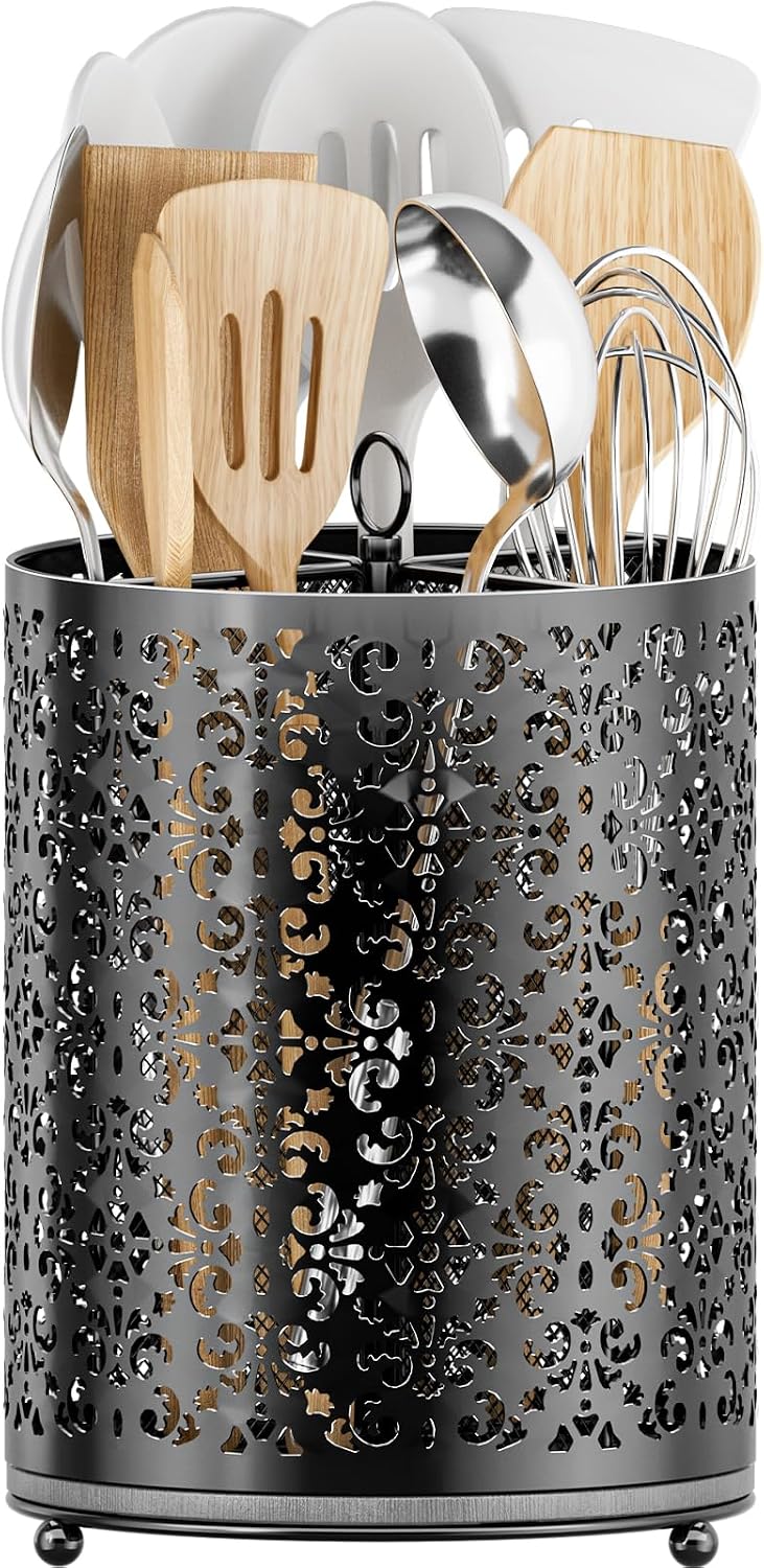 YIUKEA 360° Rotating Utensil Holder – Extra Large Cooking Utensils Caddy Counter Organizer with Instant-Dry and Removable Base for Kitchen Tools