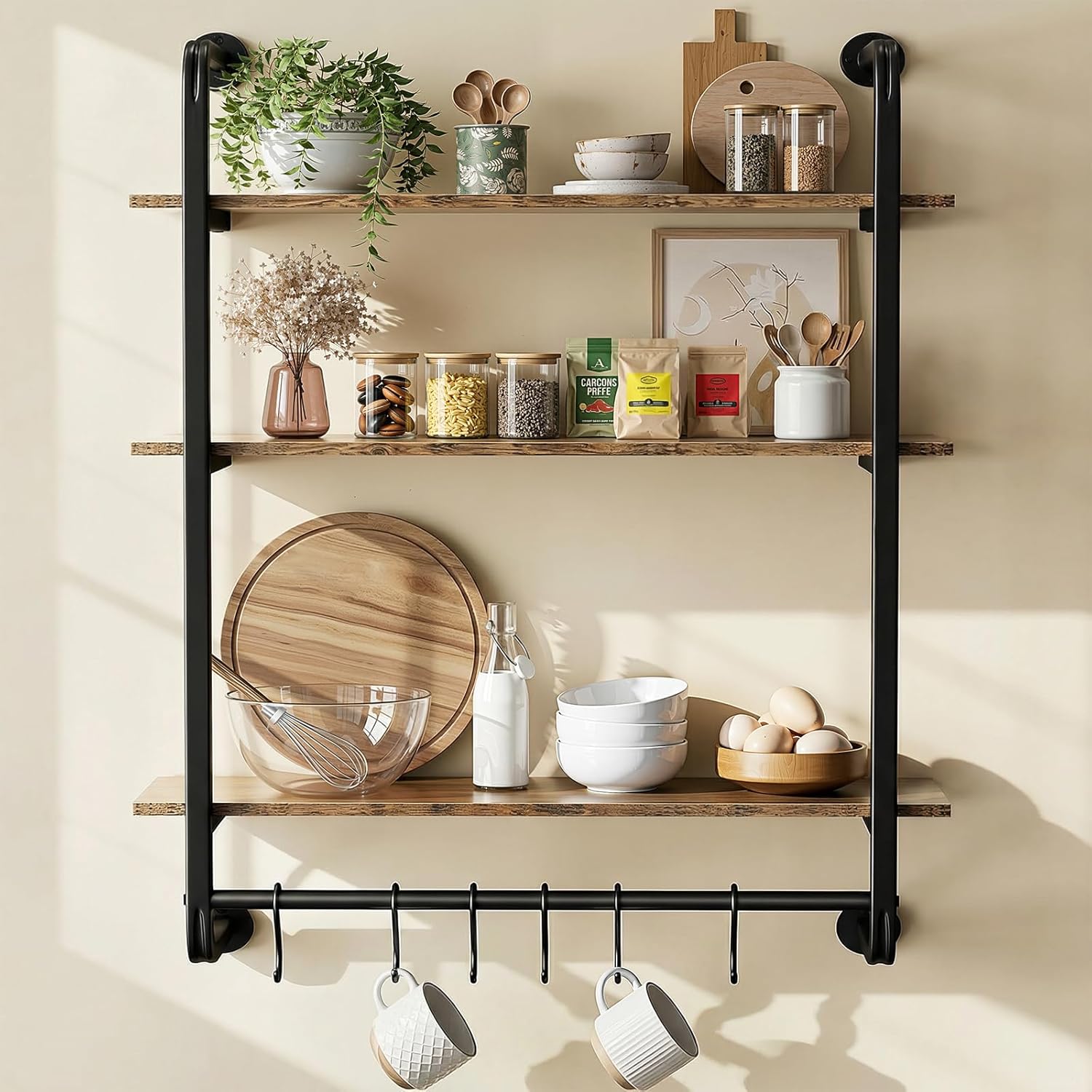 3 Tier Industrial Pipe Floating Shelf, 24″ Kitchen Wall Shelves with Towel Bar & 6 Hooks, Coffee Bar Shelves Display Bookshelf Wall Shelf for Kitchen, Bathroom, Home Décor, Rustic Brown