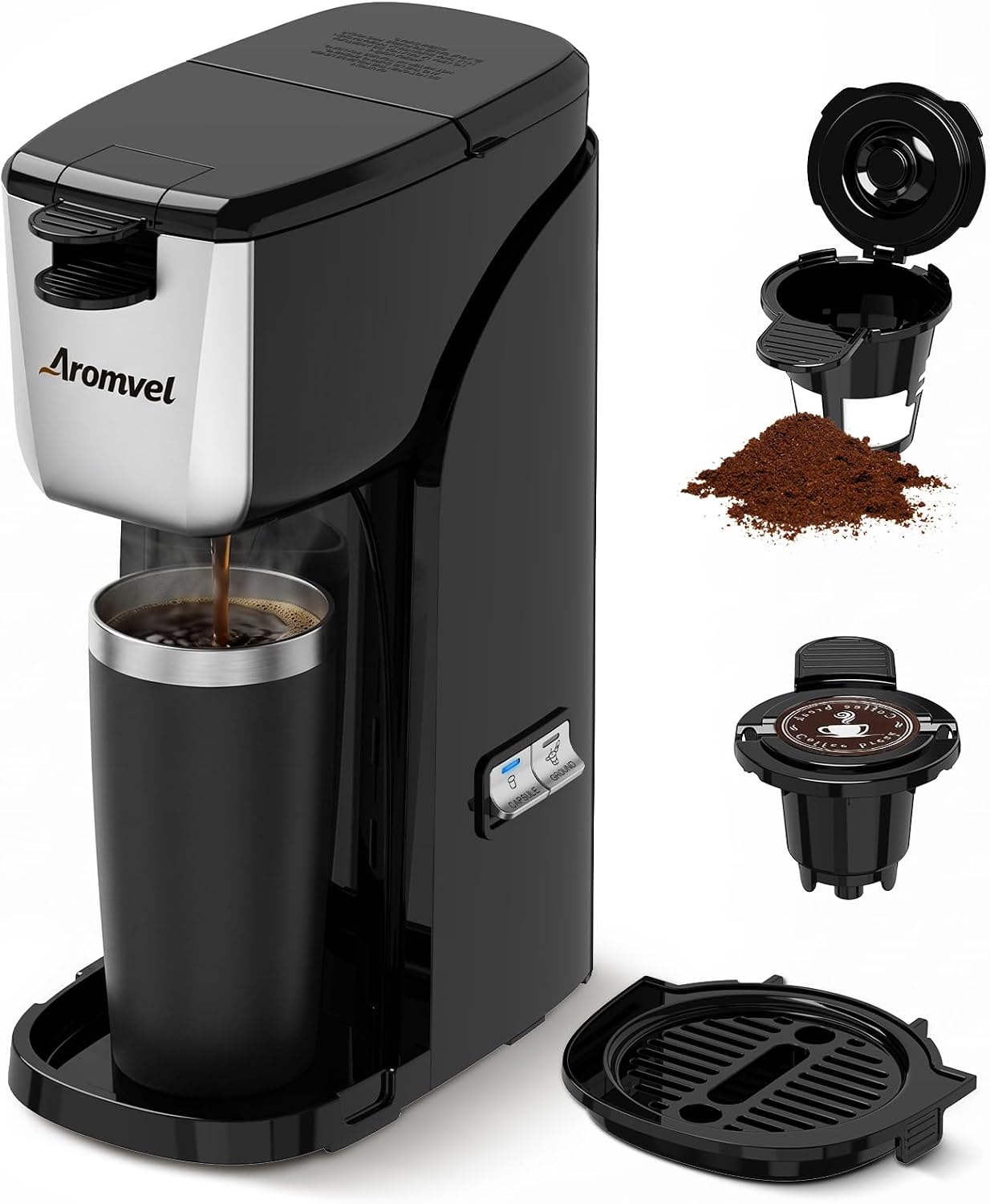 2-in-1 Single Serve Coffee Maker for K Cup Pods & Ground Coffee, 6 to 14 oz Brew Sizes, Compact Small Brewer with Dual Buttons, Adjustable Drip Tray for Travel Mugs, Silver