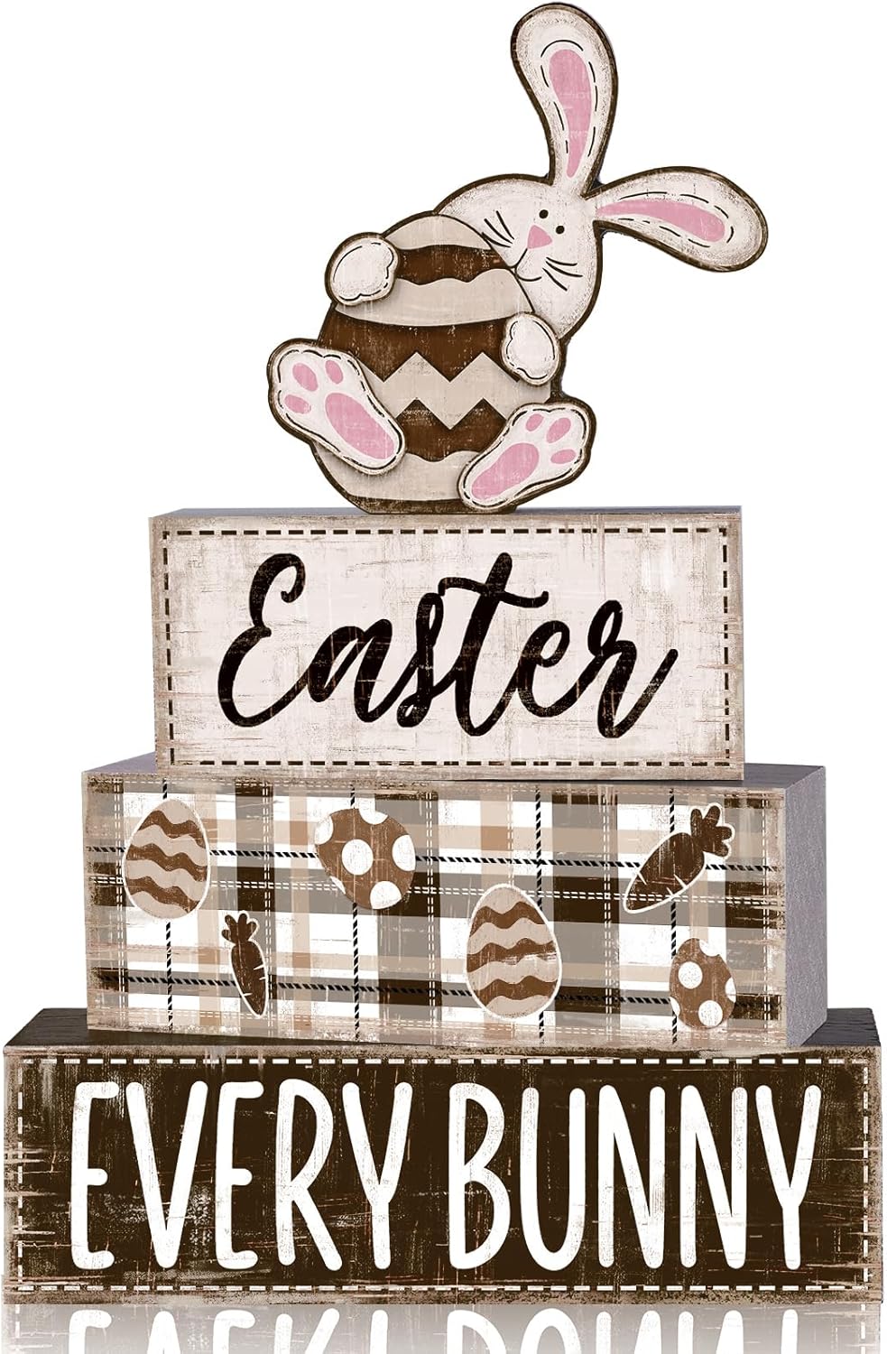 DIYDEC 4Pcs Easter Tabletop Decorations Rabbit Wooden Block Signs Bunny Tiered Tray Decor Happy Easter Centerpiece Farmhouse Wood Bunny Table Sign for Kitchen Home Office Party Decor