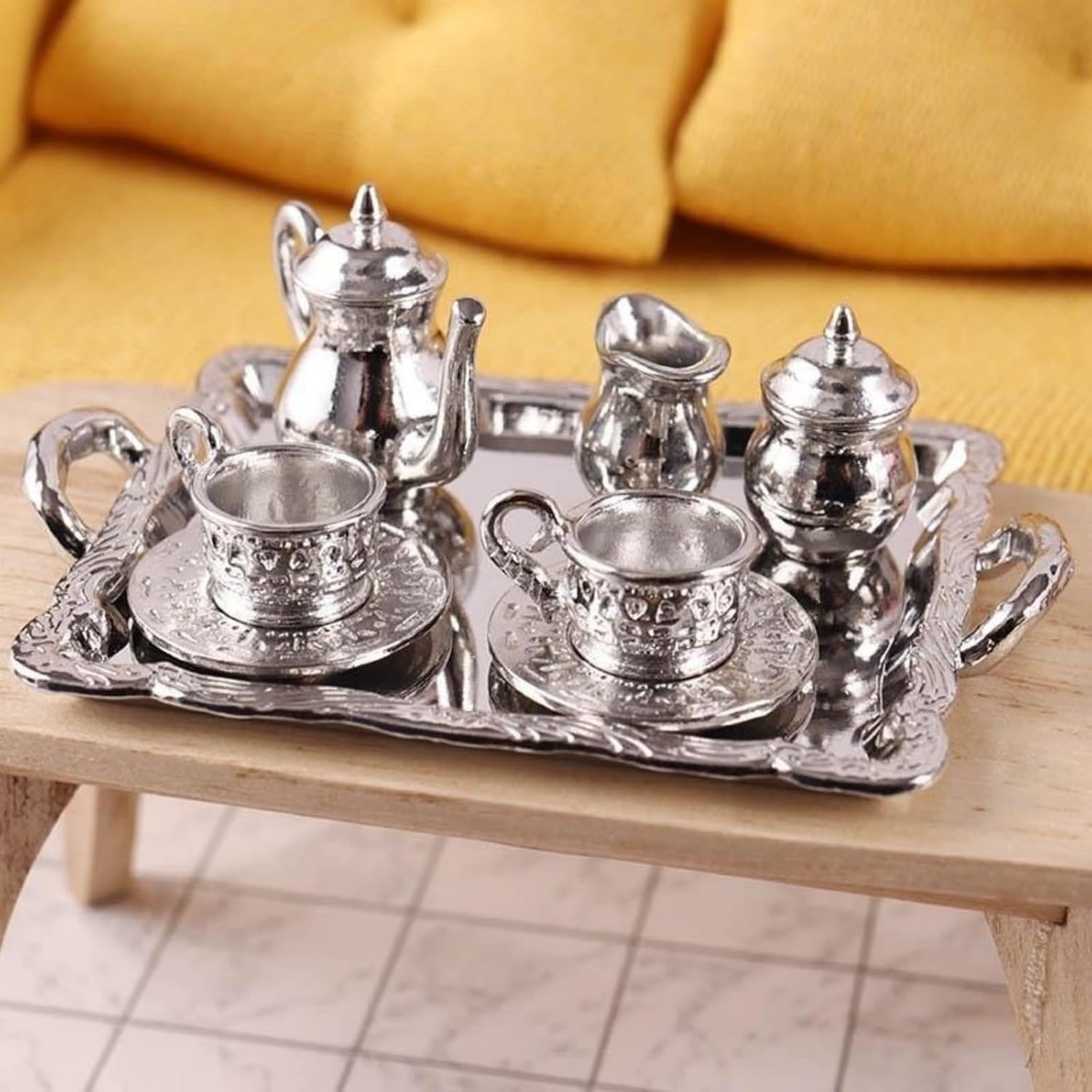 Tea Set Sculpture – Antique Style Metallic Figurine Set Coffee Shop Kitchen Accessories Decor
