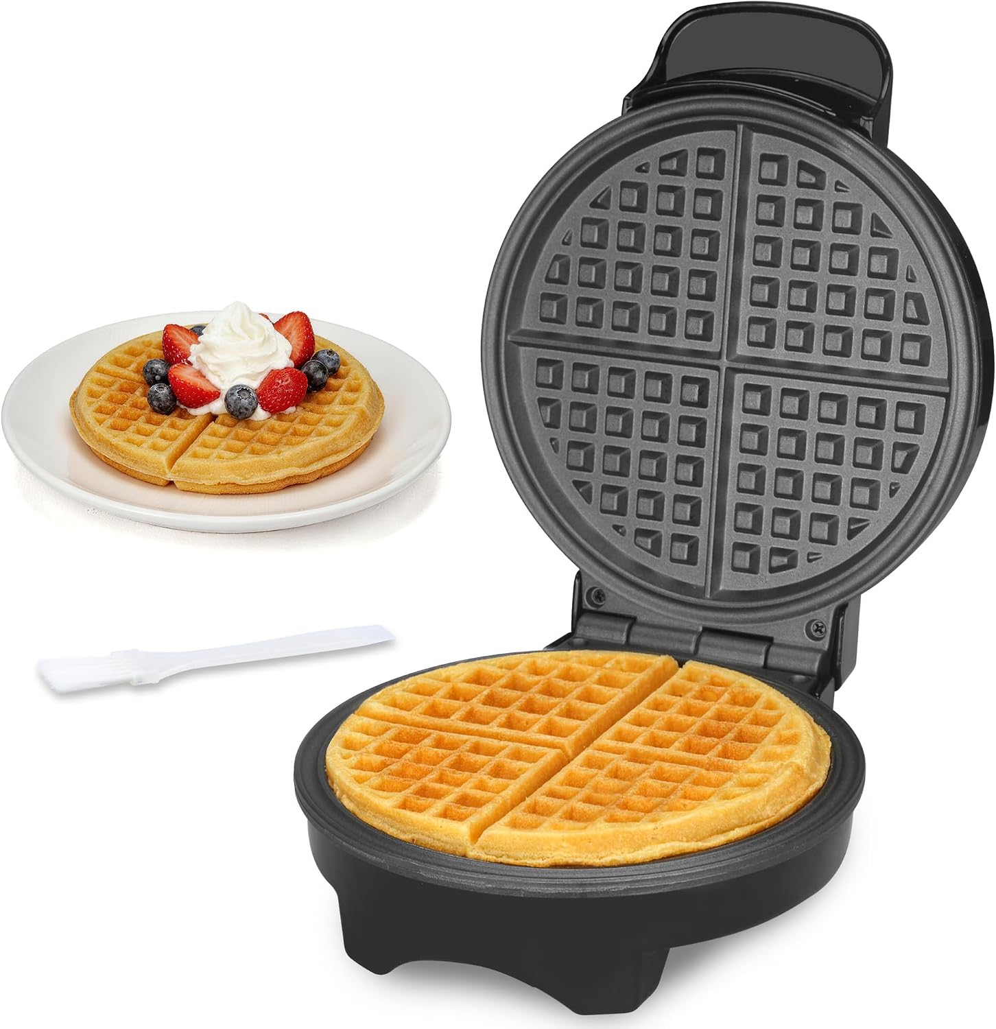 FineMade 7 Inches Round Classic Waffle Maker Machine, Mini Waffle Maker, Non-stick Waffle Irons, Thin Waffle Maker Crispy, Black