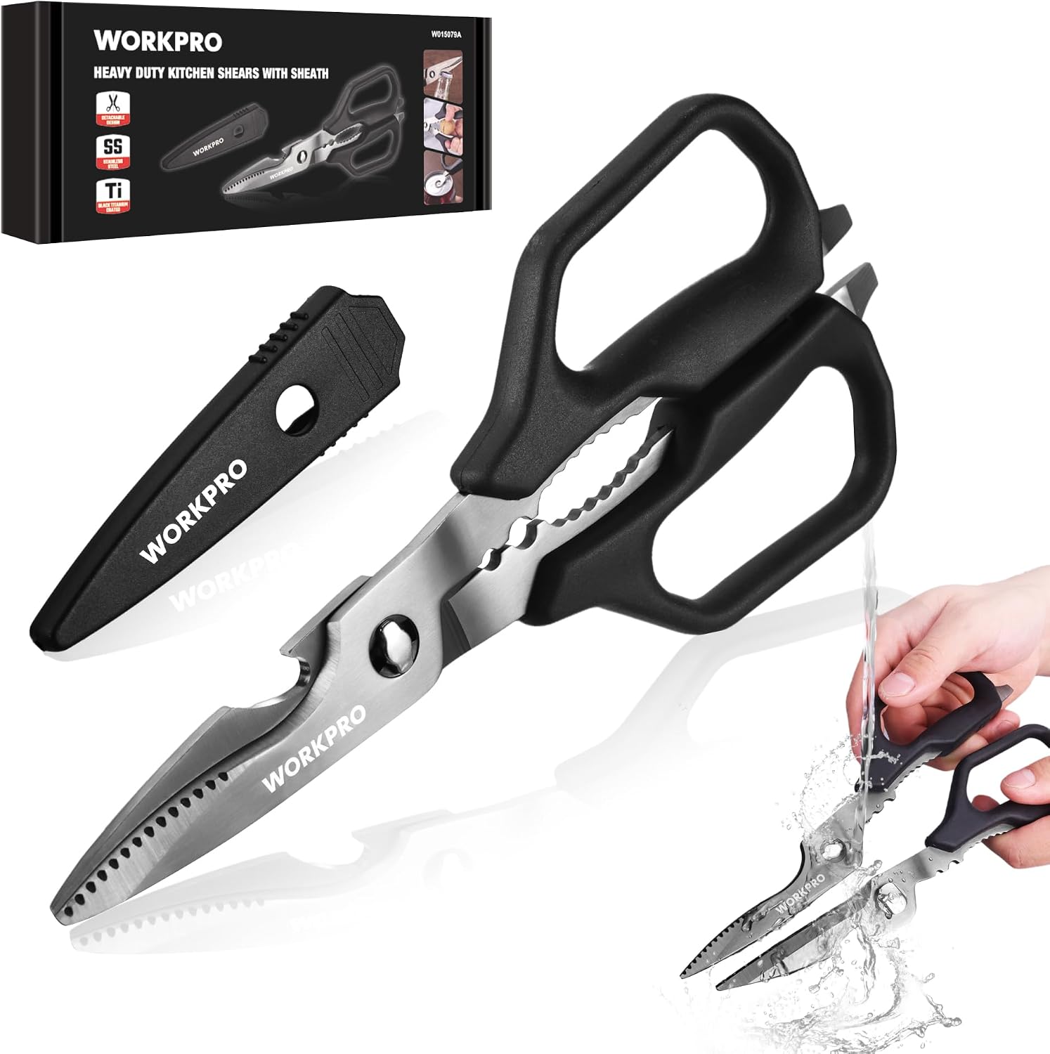 WORKPRO Kitchen Scissors, All Purpose Kitchen Shears with Detachable Stainless Steel Blades, Titanium Coated for Easy Cleaning, Heavy Duty for Meat, Fish, Nuts, Vegetables, Protective Cover Included