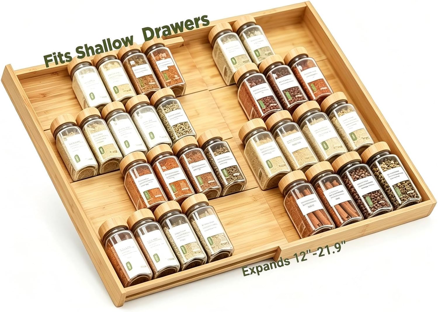 Bamboo Spice Drawer Organizer Expandable(Fits 2.6” Deep Drawers), 4-Tier Spice Rack Drawer Insert for Kitchen Cabinets(12″ – 21.9″ Width), Adjustable Seasoning Storage Insert (Jars Not Included)
