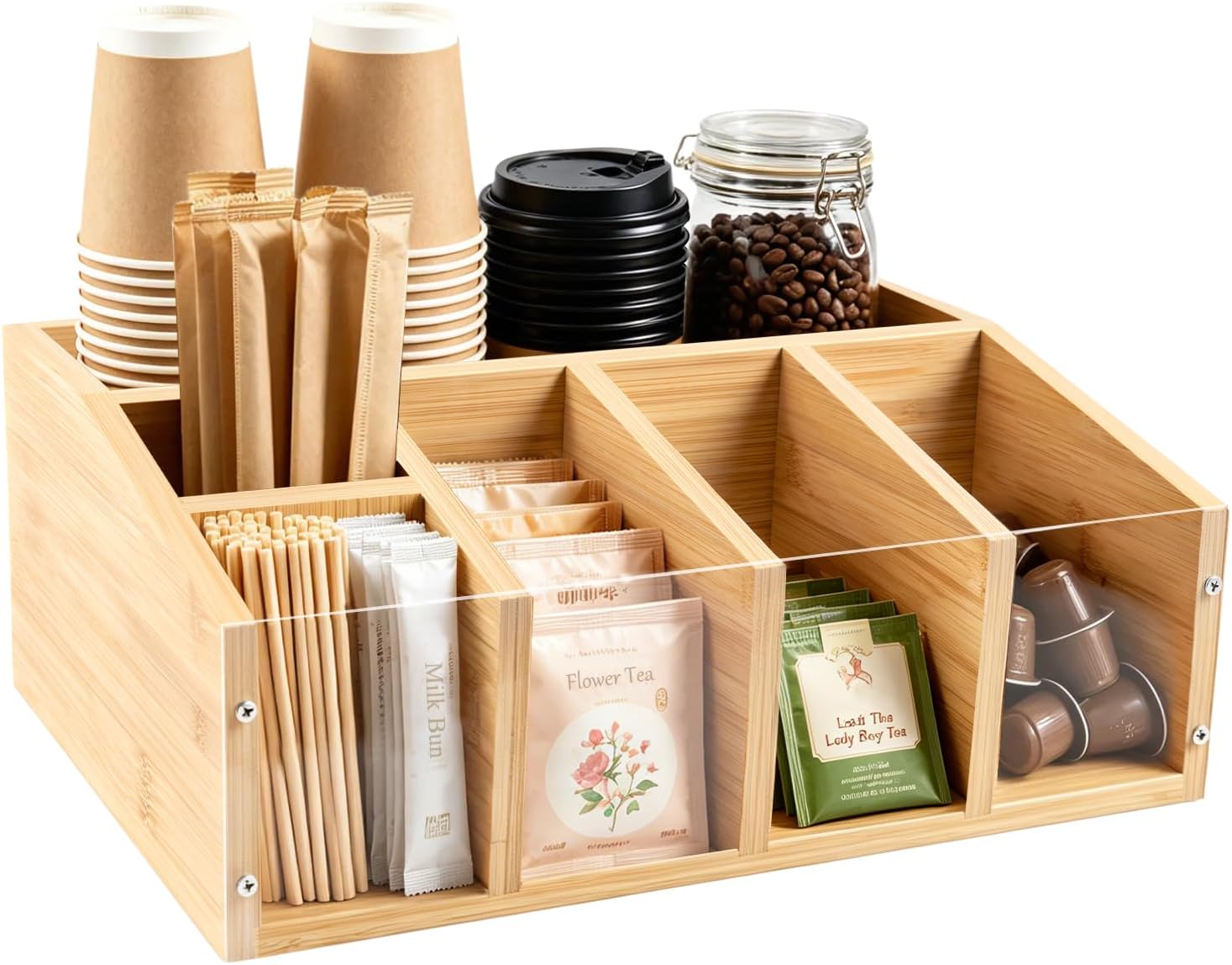 Bamboo Coffee Station Organizer for Countertop, 6 Compartments Coffee Bar Accessories Organizer, No-Assembly Farmhouse Coffee Caddy for Tea Bags, Pods, Syrup, Cups, Straws