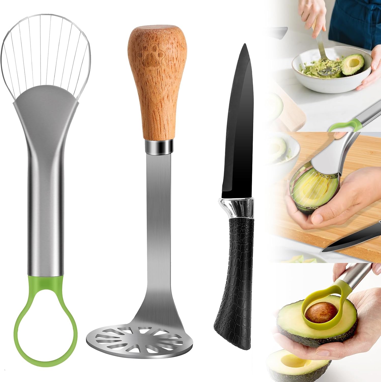 Avocado Slicer Tool 3 in 1, Stainless Steel Avocado Cutter Tool Set, Avocado Masher & Avocado Peeler Tools, Multi-Function Avocado Smasher Tools for Slicing, Scooping and Pit Removal
