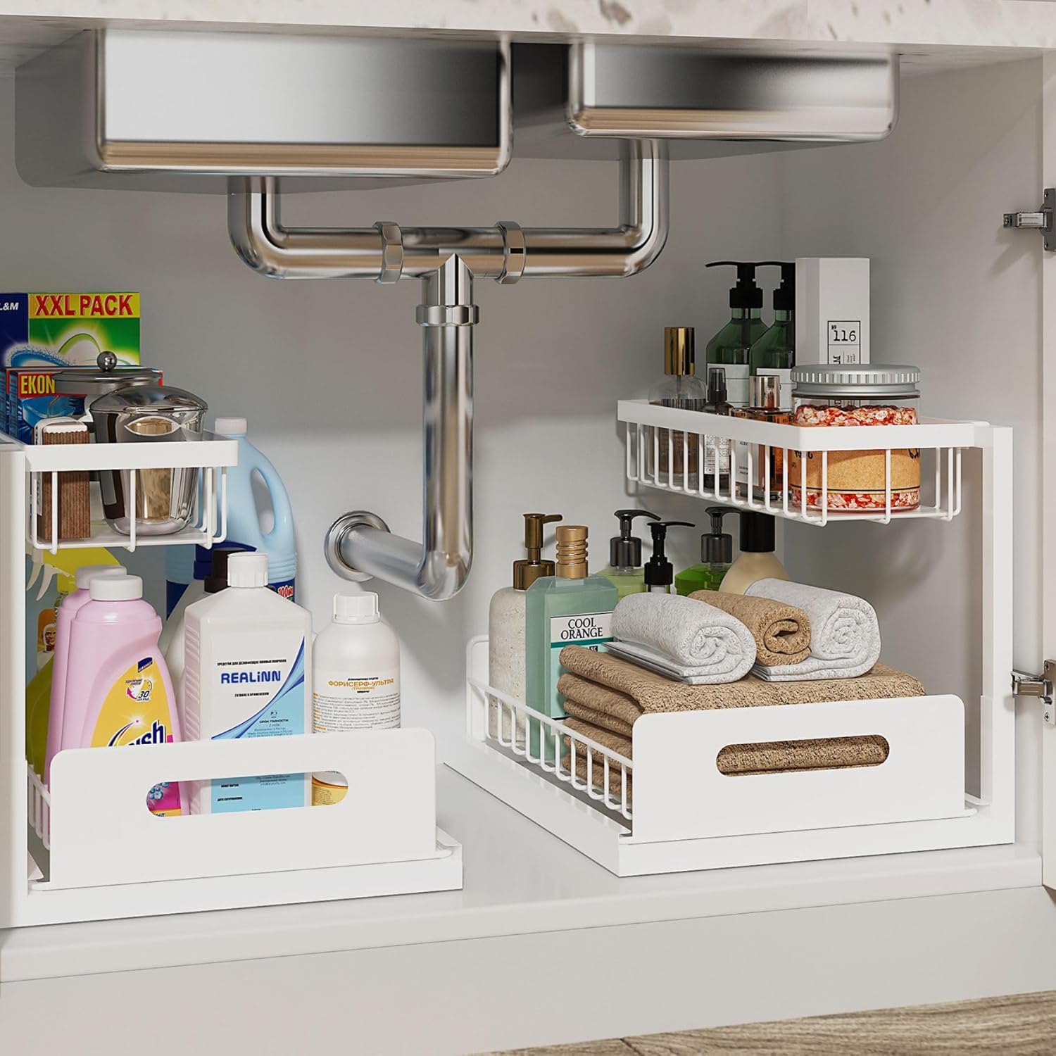 REALINN Under Sink Organizer, Pull Out Cabinet Organizer, 2 Tier Metal Slide Out Shelf with L Shaped Design for Kitchen, Bathroom, Laundry, and Utility Cabinet Storage for Deep Cabinets, White, 2 Pack