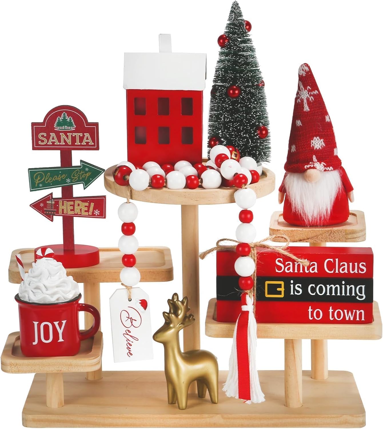 Christmas Decorations 8 PCS Tiered Tray Decor Set, Cute Tabletop Christmas Decor for Home Shelf Mantel Coffee Bar Office Xmas Table Centerpieces Tray Objects Holiday Decoration Set