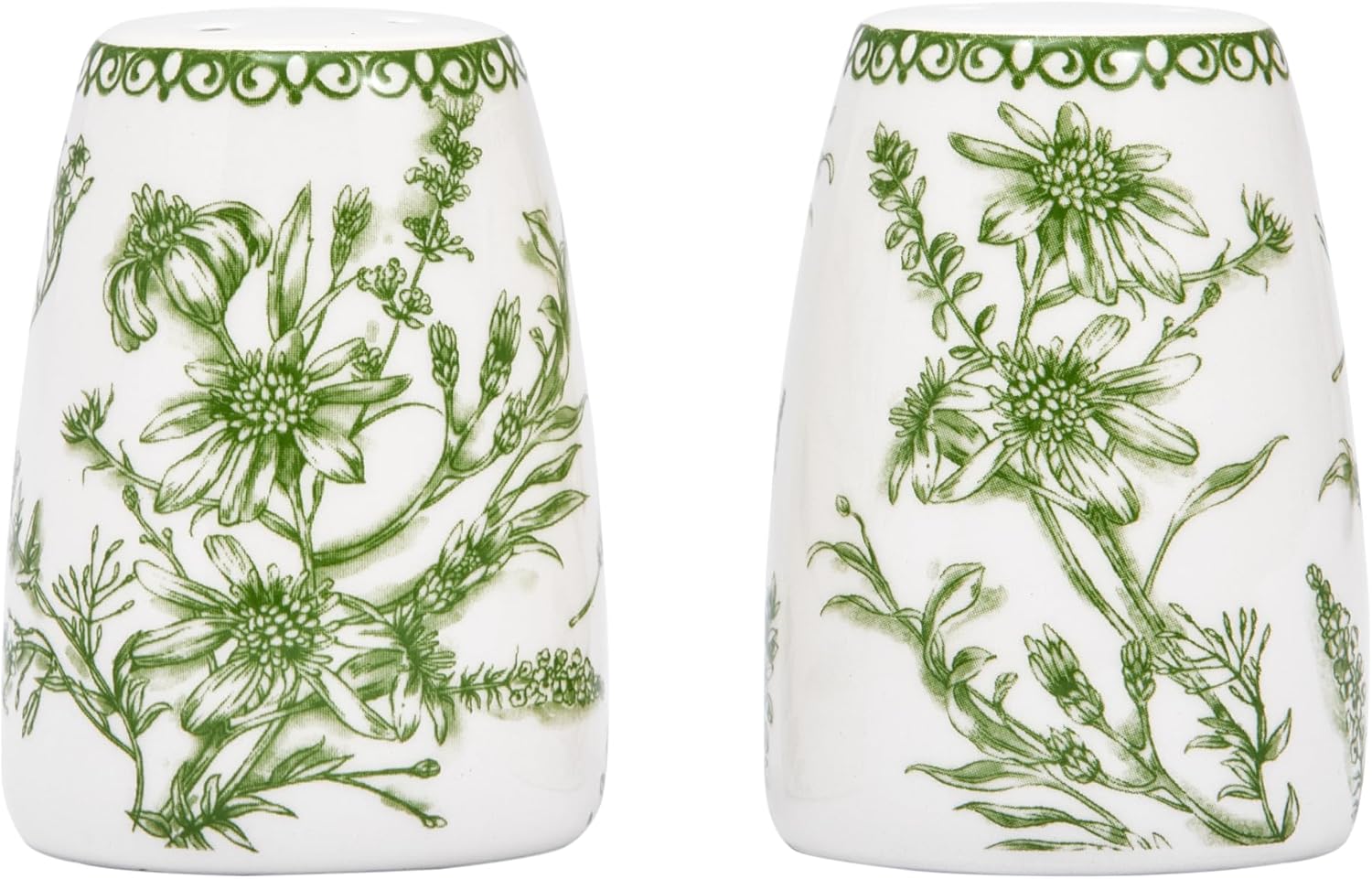 Bico Green Garden Toile De Jouy Ceramic Salt & Pepper Shaker Set, for Kitchen or Decor, Dishwasher Safe