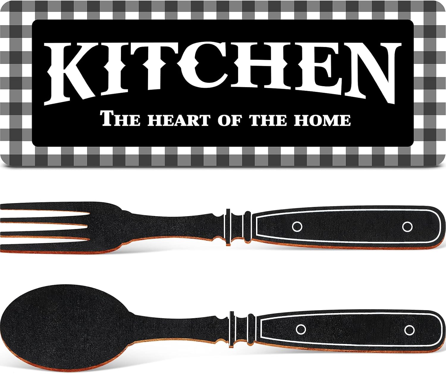 Jetec Kitchen Sign Buffalo Plaid Kitchen Decor Black and White Wall Decor Wooden the Heart of the Home Sign Black and White Checkered Fork and Spoon Vintage Wall Decoration for Farmhouse Restaurant