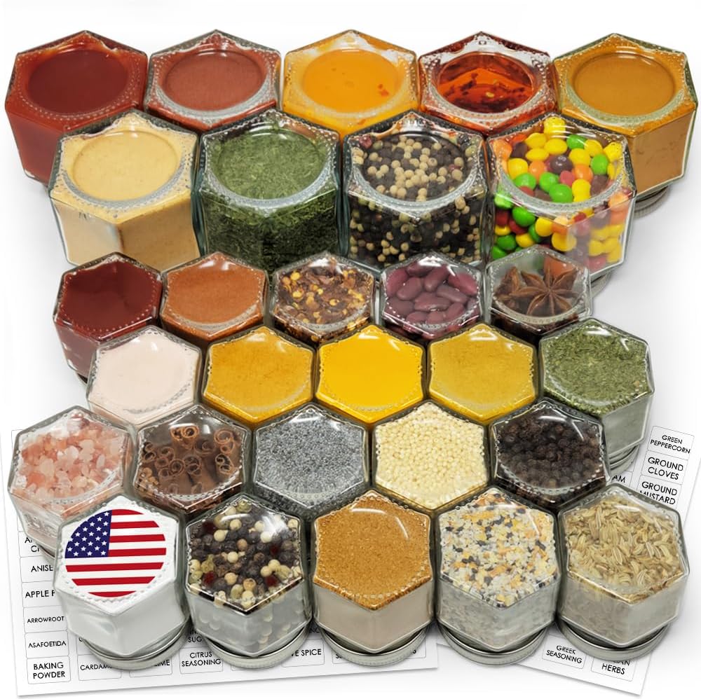 Magnetic Spice Jars Combo Pack 29 Pack (9 Large 4 oz + 20 Small 2 oz) Refrigerator Hexagon Glass Spice Jar Magnetic Lid Shaker Spice Labels Magnetic Glass Spice Container for RV Kitchen Fridge Cabinet