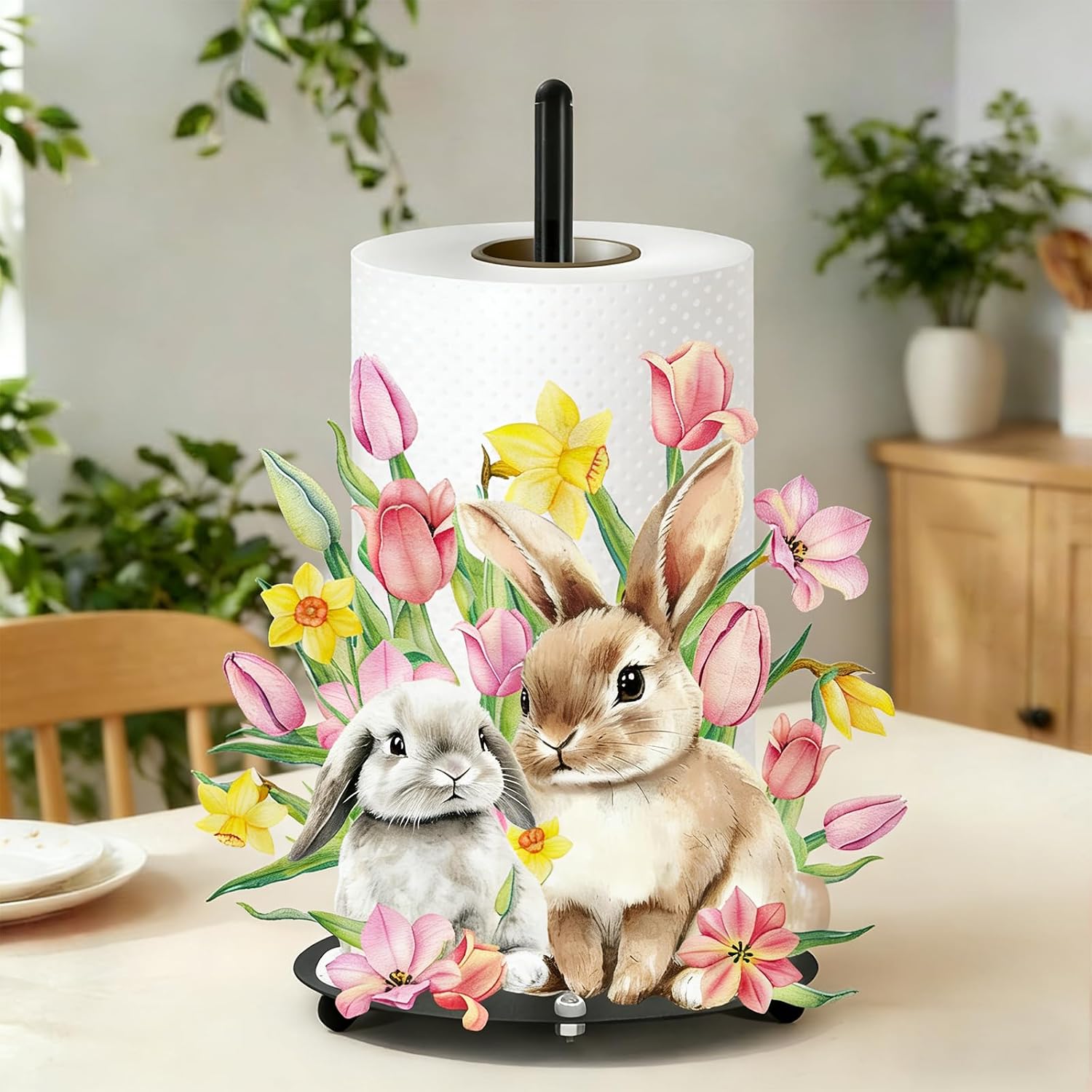 Whaline Easter Paper Towel Holder Kitchen Decor Accessories Floral Bunny Rabbit Flower Large Metal Towel Holder Stand for Spring Home Party Bathroom Countertop