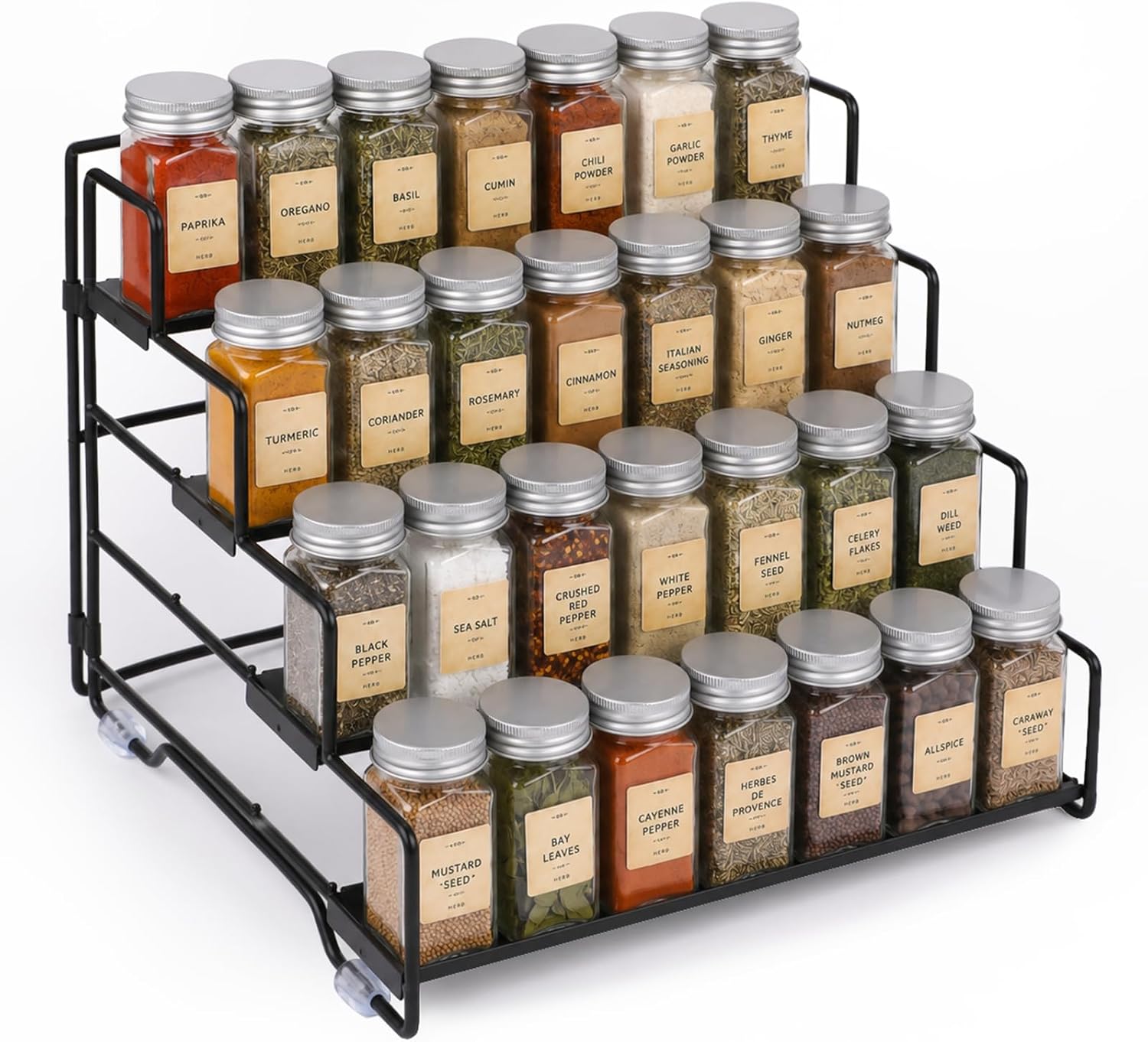 Spice Rack Organizer for Cabinet, Tiered Adjustable Spice Shelf Organization, Metal Seasoning Rack for Kitchen Countertop Cupboard Pantry, Raised Edge Anti-Slip Design for Jars and Bottles