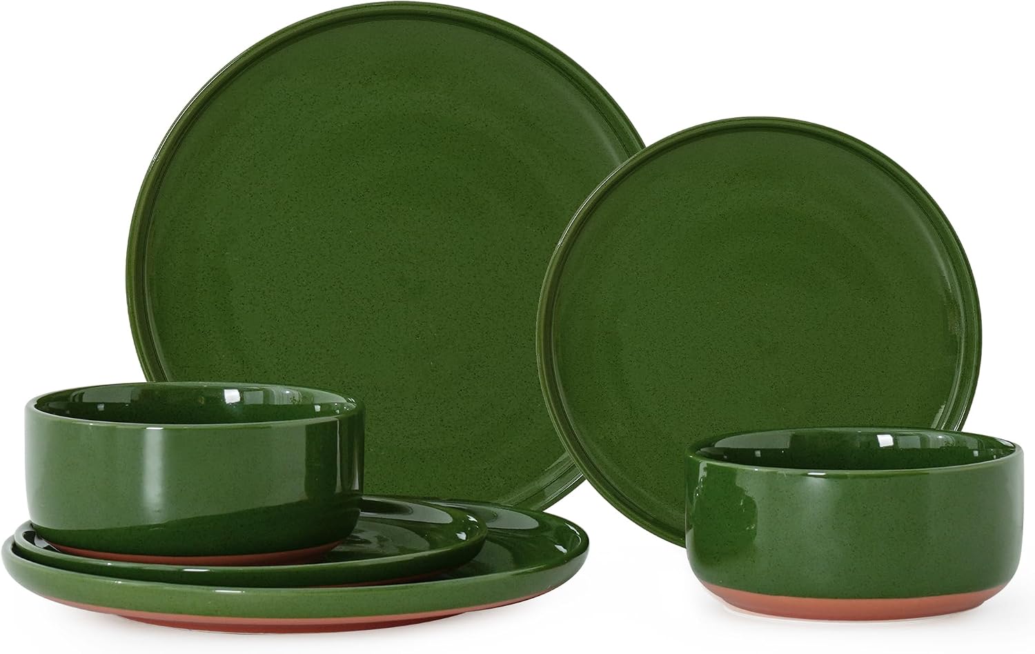 6 Piece Dinnerware Set, Dual Glaze Stoneware Plates and Bowls Sets, Modern Dinner Plate, Salad Plate, Cereal Bowl, Dish Set for 2, Microwave and Dishwasher Safe, Forest Glaze Green